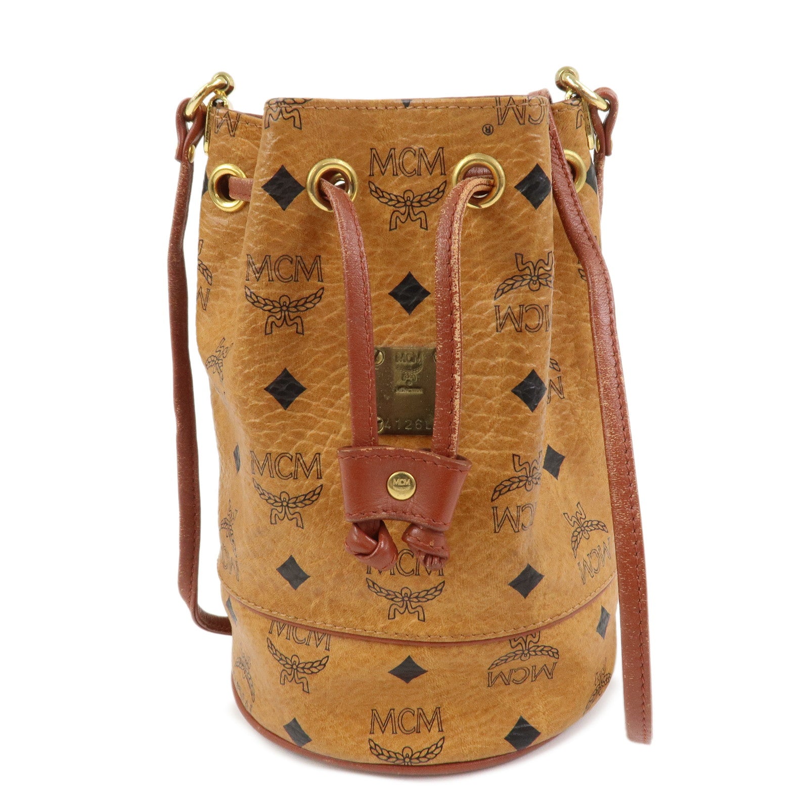 MCM Visetos Leather Drawstring Shoulder Bag Brown