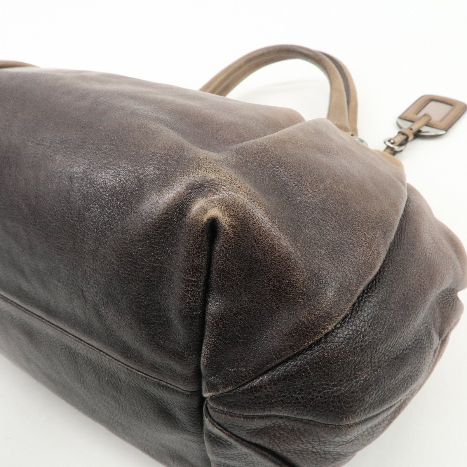 PRADA Logo Leather Tote Bag Shoulder Bag Silver HDW Black Beige