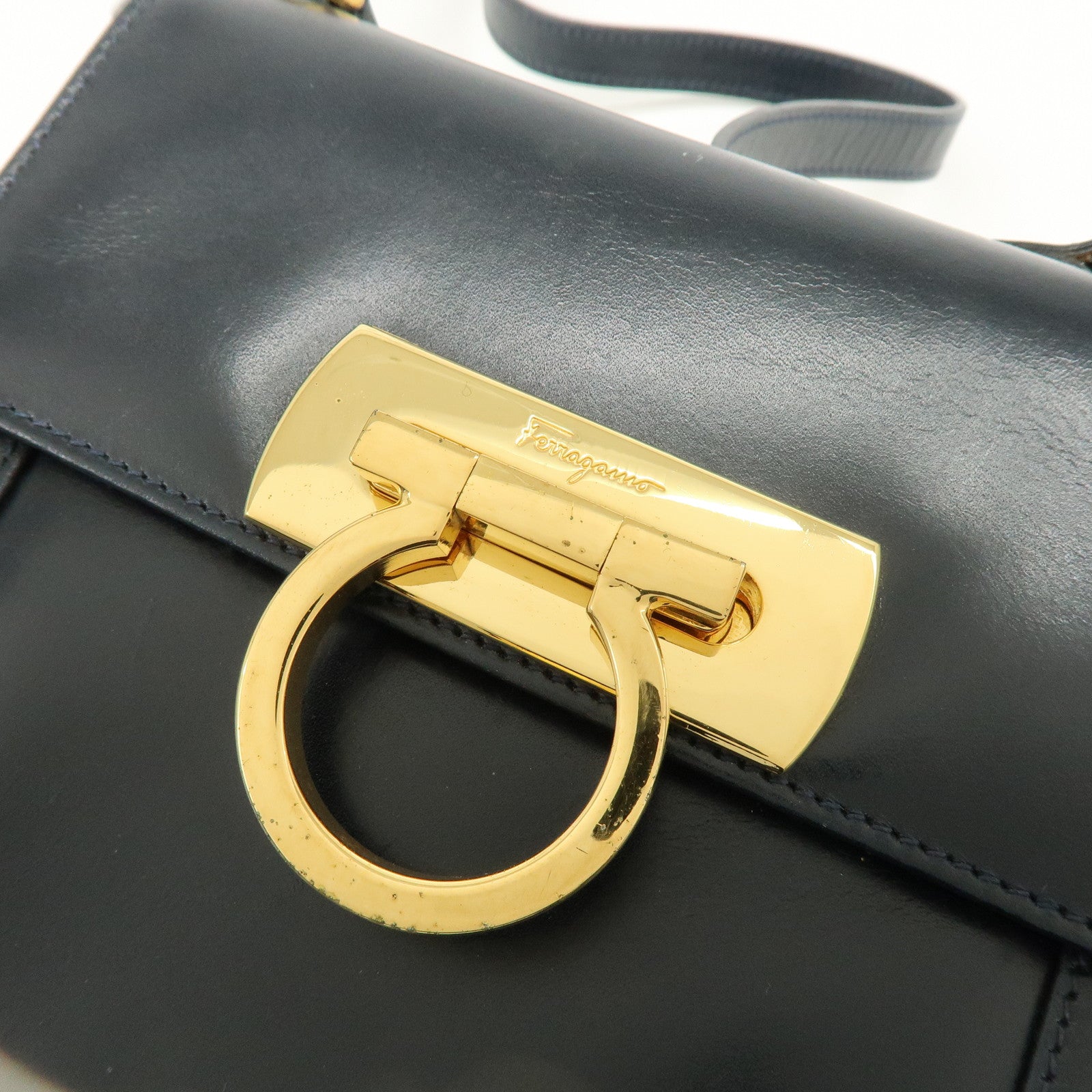 Ferragamo Gancini Leather Shoulder Bag Crossbody Bag Navy
