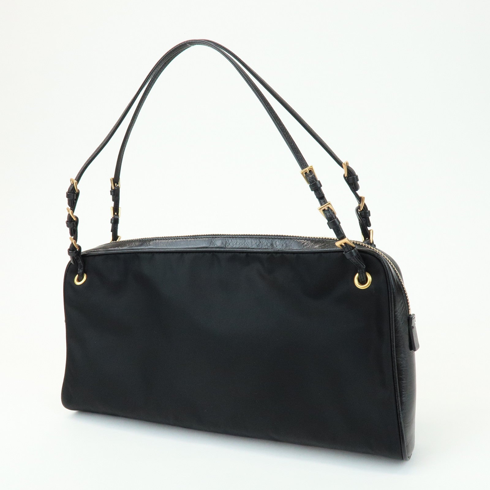 PRADA Triangle Logo Nylon Leather Shoulder Bag Black BN0218