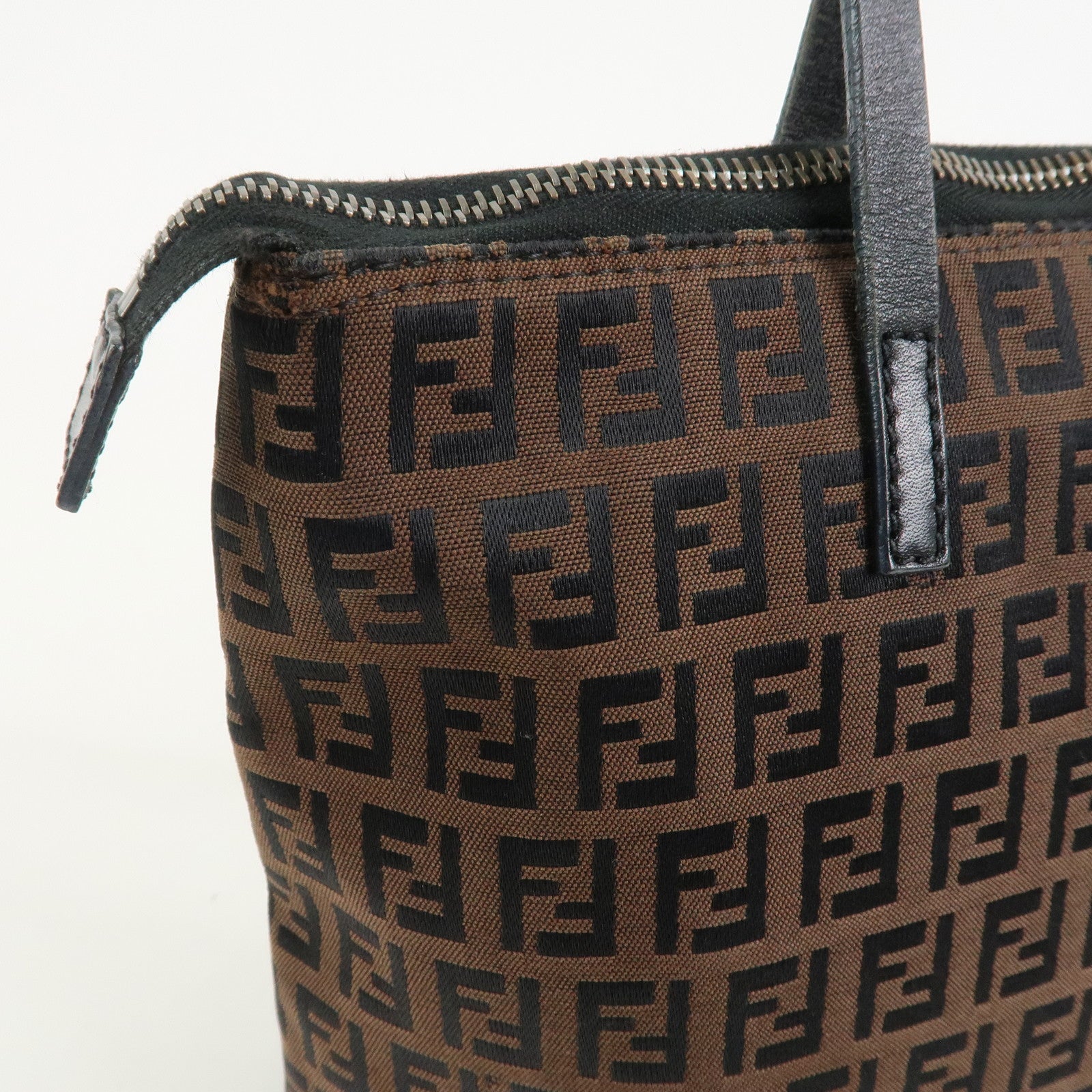 FENDI Zucchino Canvas Leather Tote Bag Brown Black 8BH023