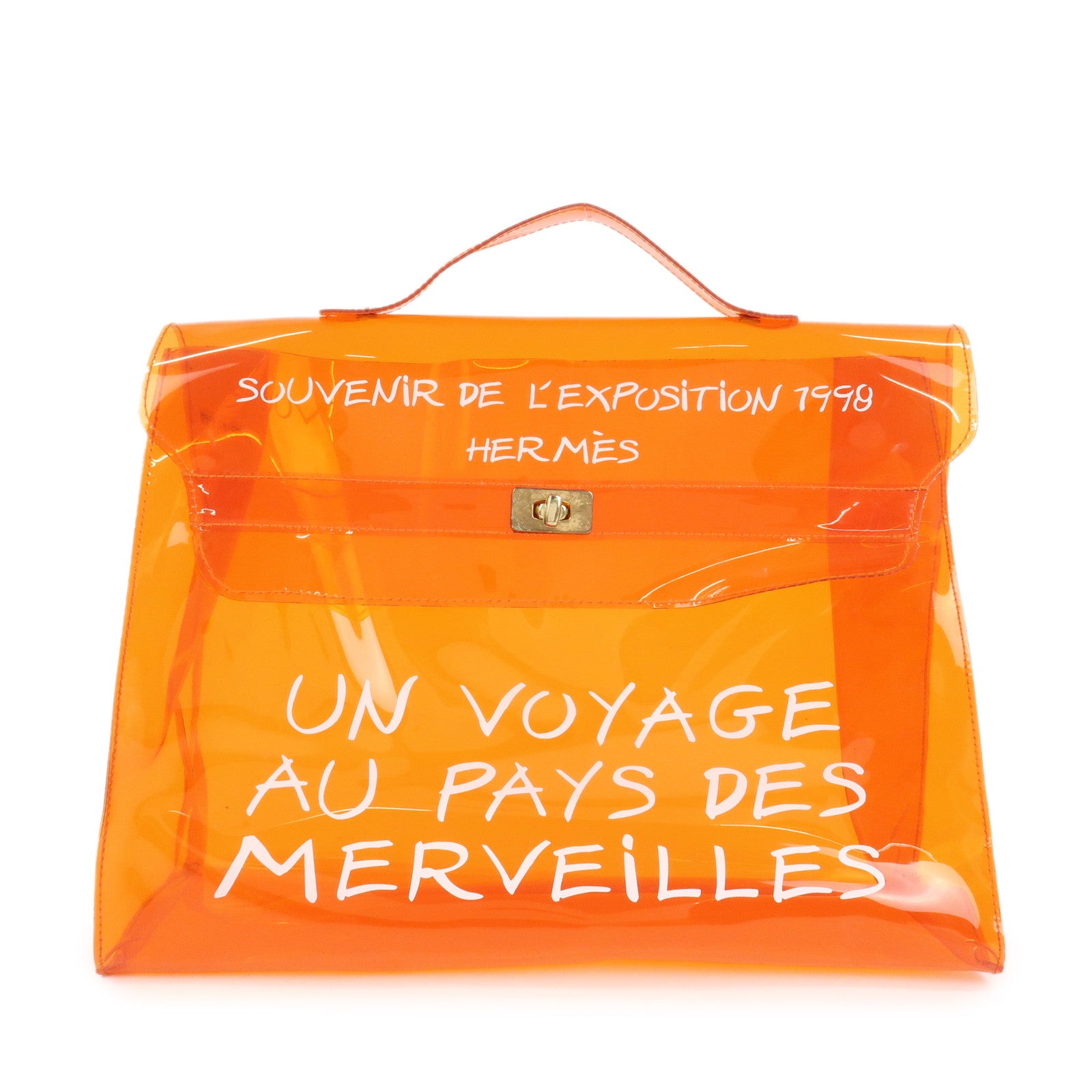 HERMES Kelly Vinyl Hand Bag Clear Transparent Orange