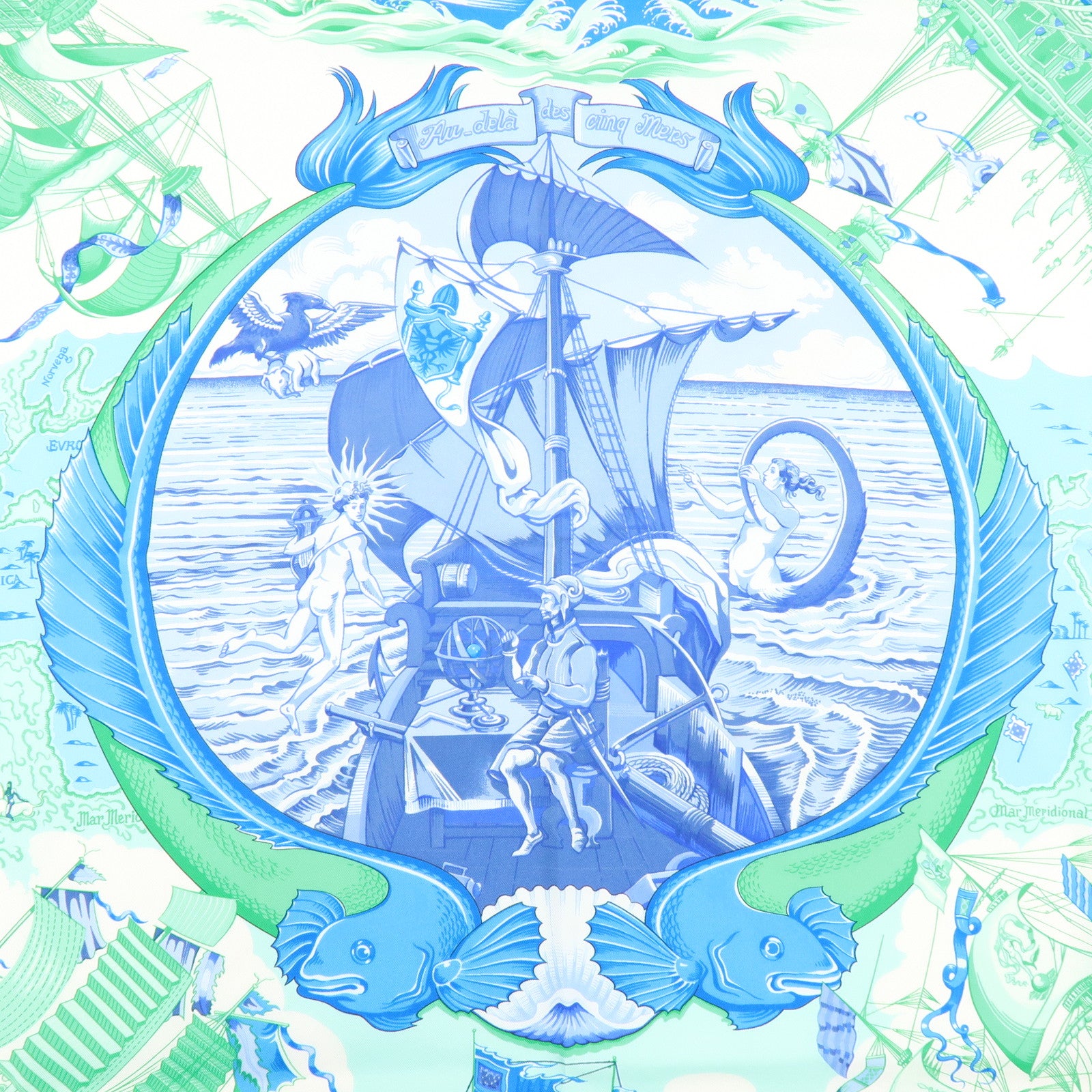HERMES Carre 90 Silk 100% Scarf Au-dela des cinq mers Blue Green