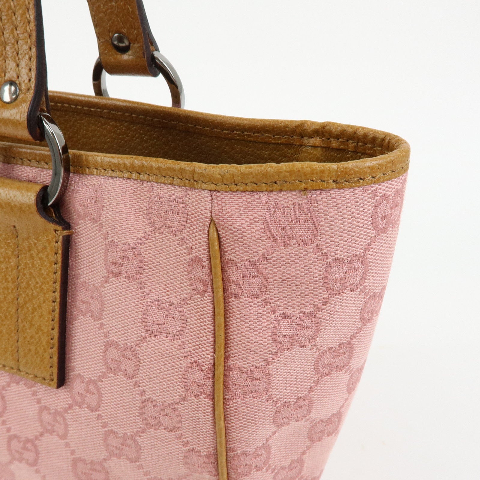 GUCCI GG Canvas Leather Tote Bag Hand Bag Pink Light Brown 113019