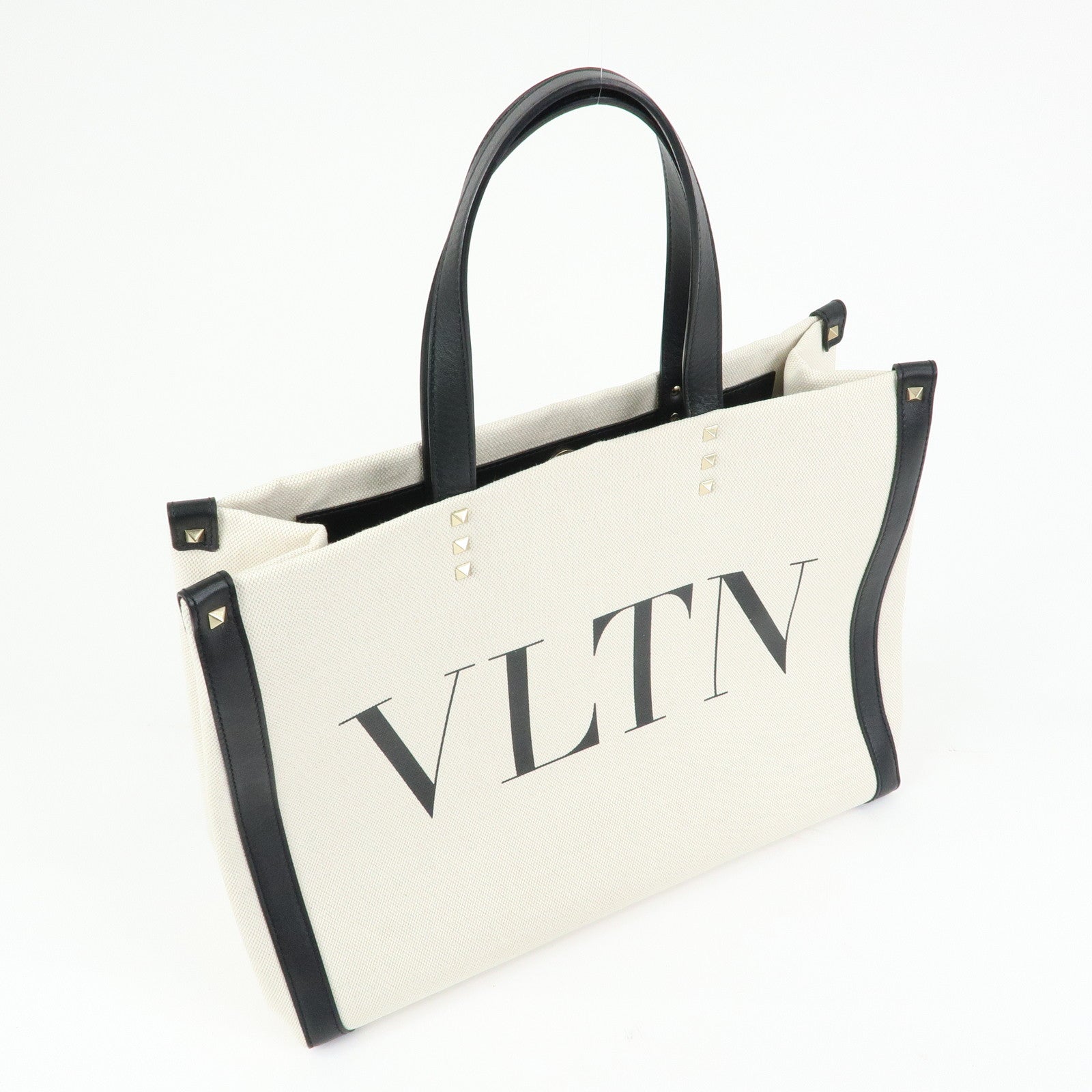VALENTINO Rockstud Canvas Leather Tote Bag Hand Bag Natural Black