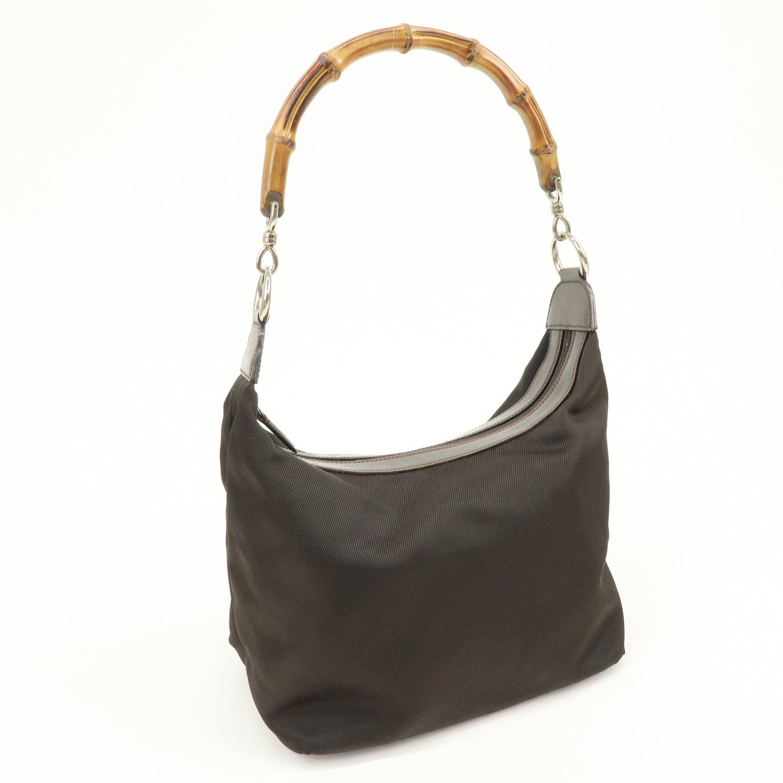 GUCCI Bamboo Nylon Leather Shoulder Bag Hand Bag Brown 000・2214