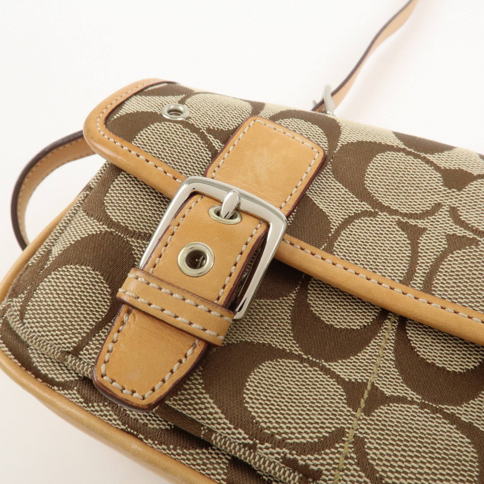 COACH Signature Canvas Leather Shoulder Bag Beige Light Brown