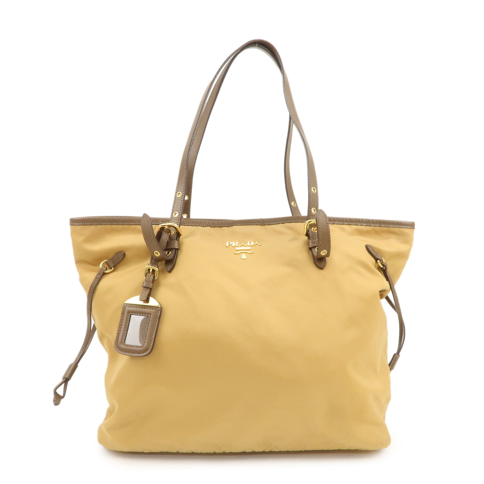 PRADA Logo Nylon Saffiano Leather Tote Bag Shoulder Bag Light Brown