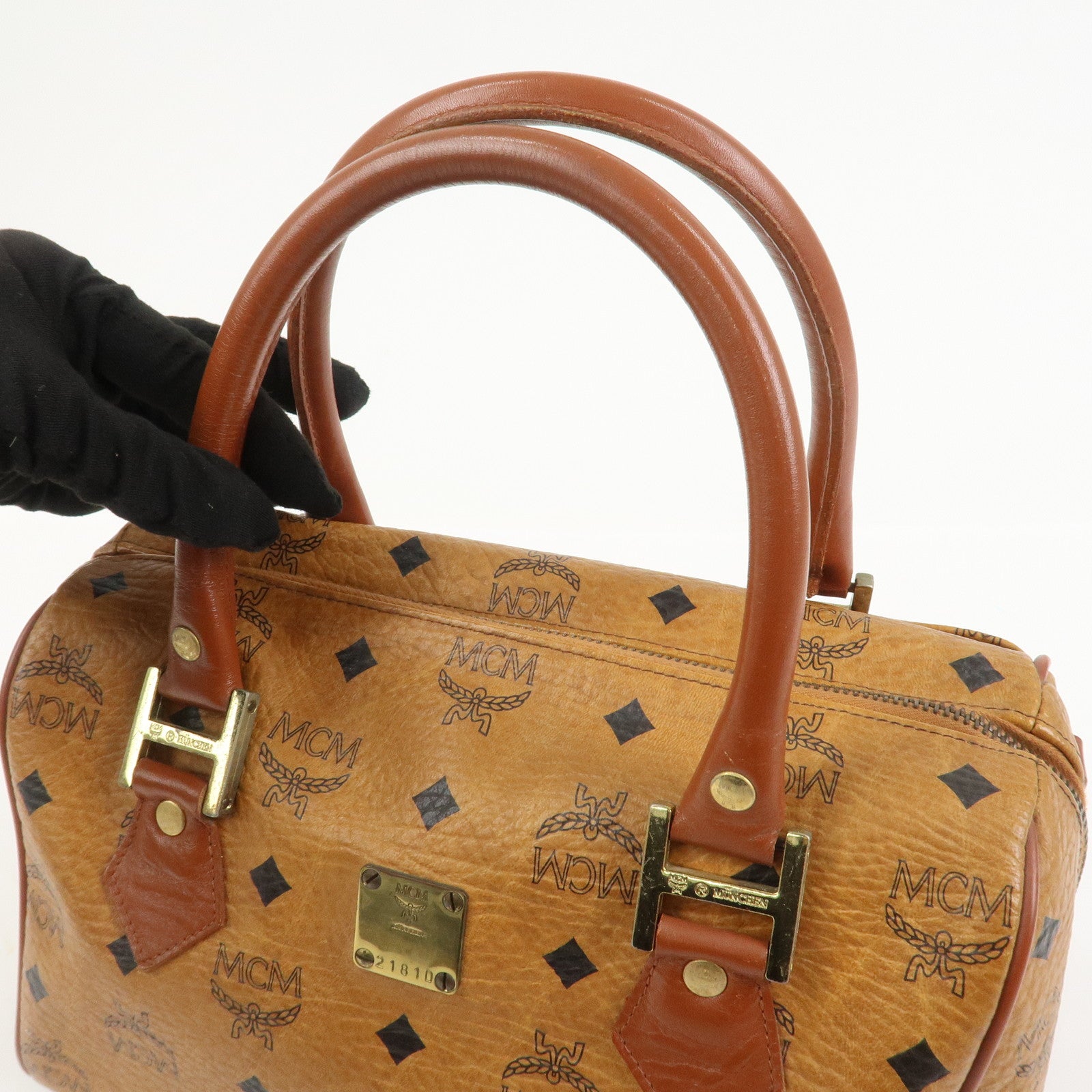 MCM Visetos Leather Boston Bag Hand Bag Brown