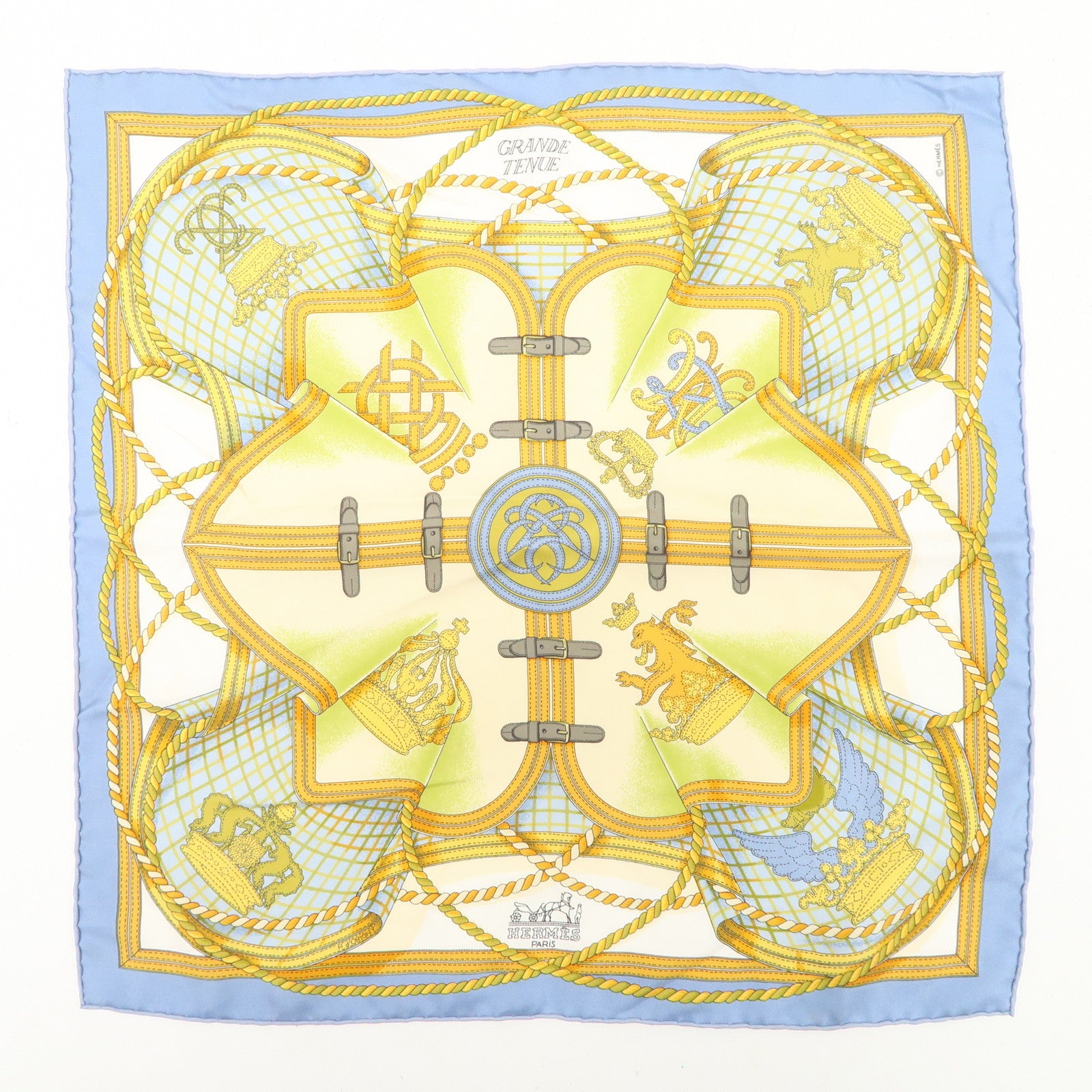 HERMES Carre 40 Silk 100% Scarf GRANDE TENU Blue Yellow