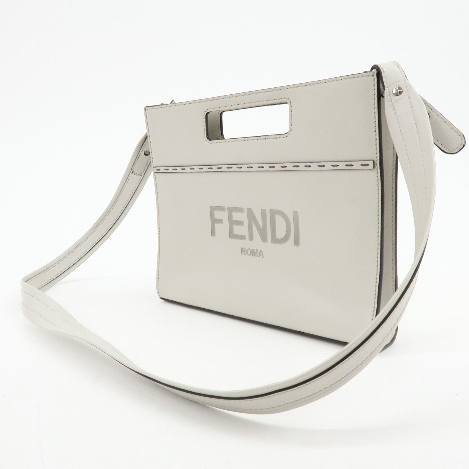 FENDI Logo Leather Shoulder Bag Crossbody Bag Light Grey 7VA547