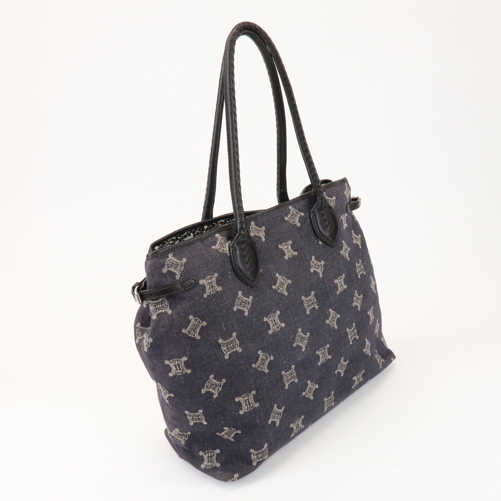 CELINE Macadam Logo Canvas Leather Shoulder Bag Hand Bag Navy