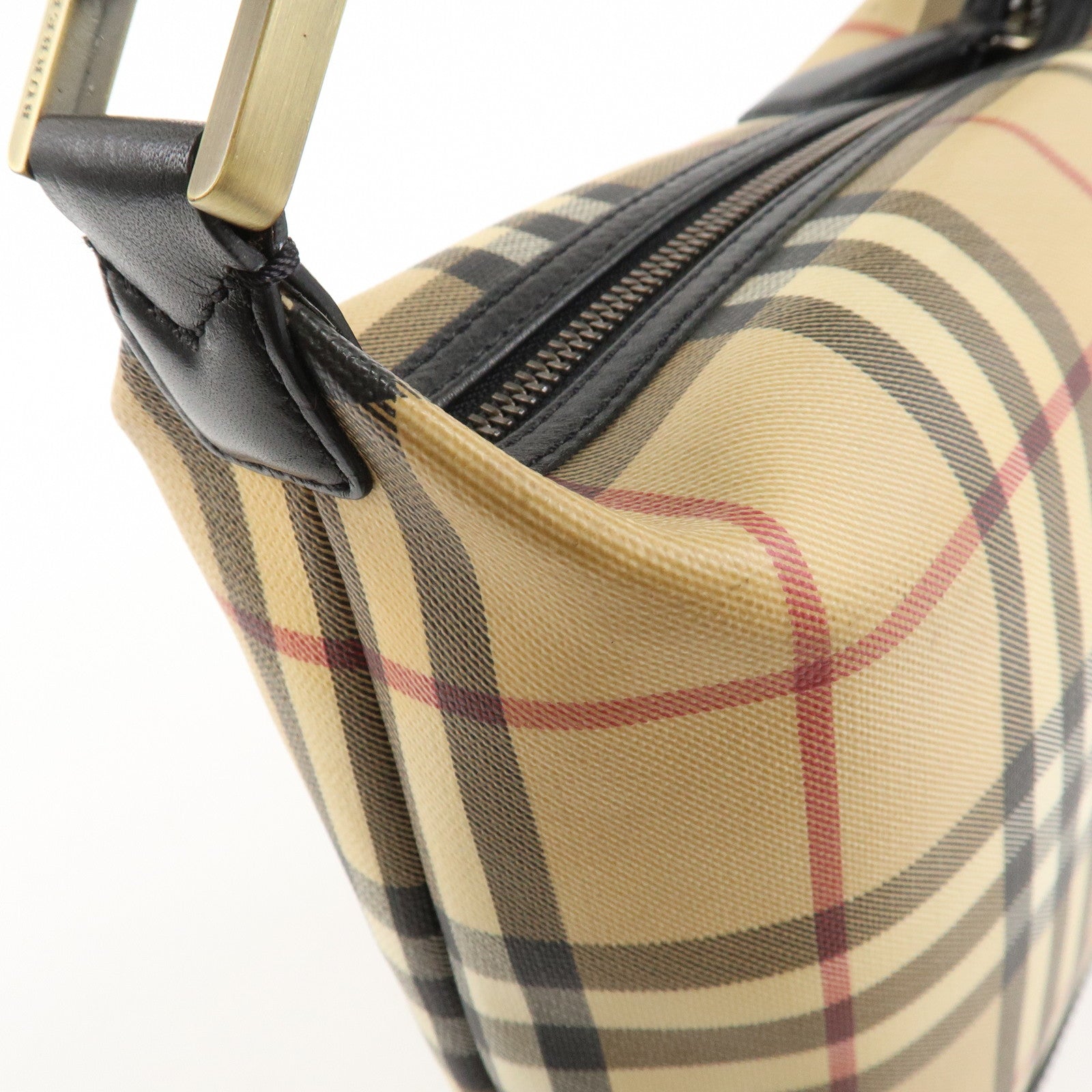 BURBERRY Nova Plaid Canvas Leather Shoulder Bag Hand Bag Beige Black Used
