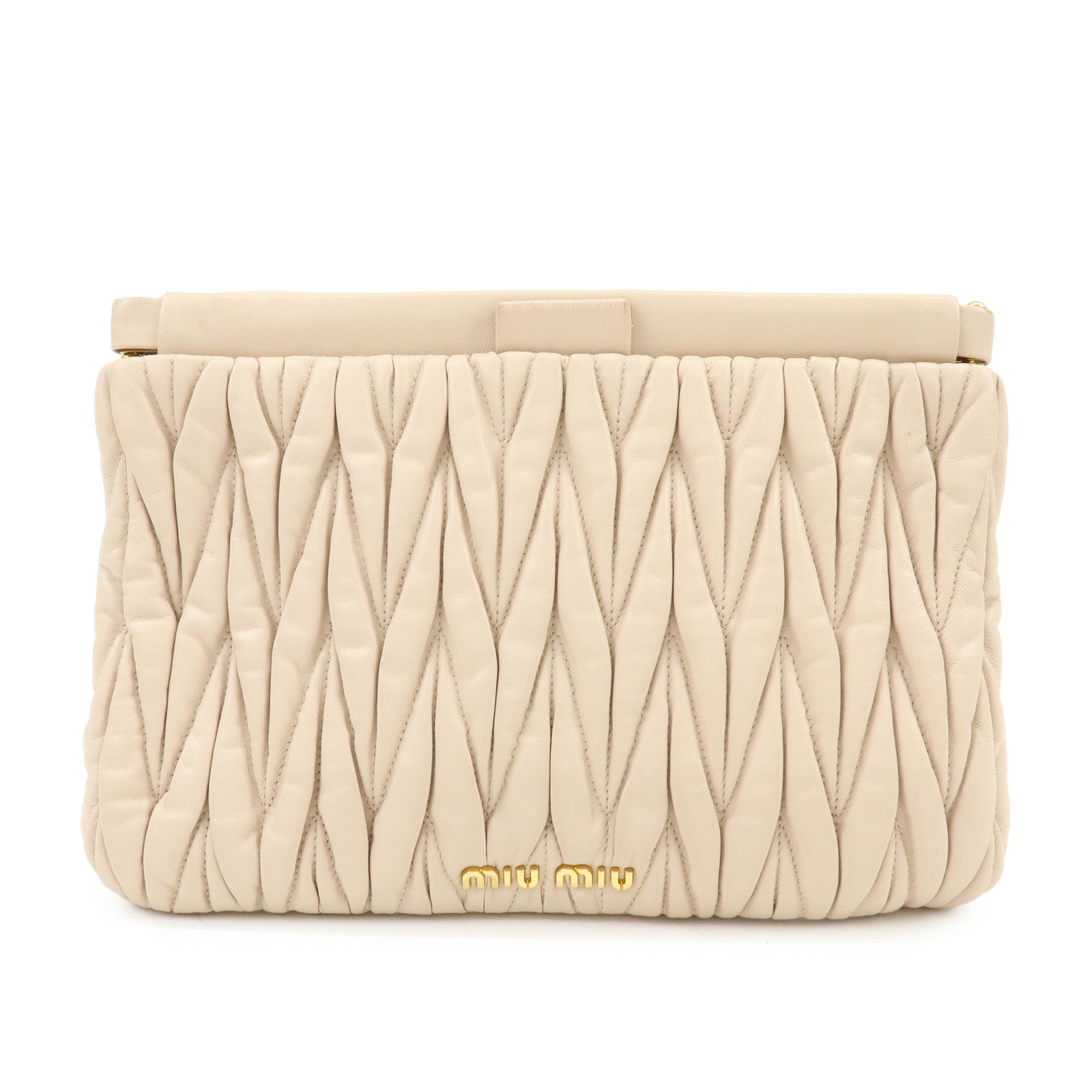 MIU MIU Matelasse Nappa Leather Clutch Bag Flat Pouch Beige RP0390