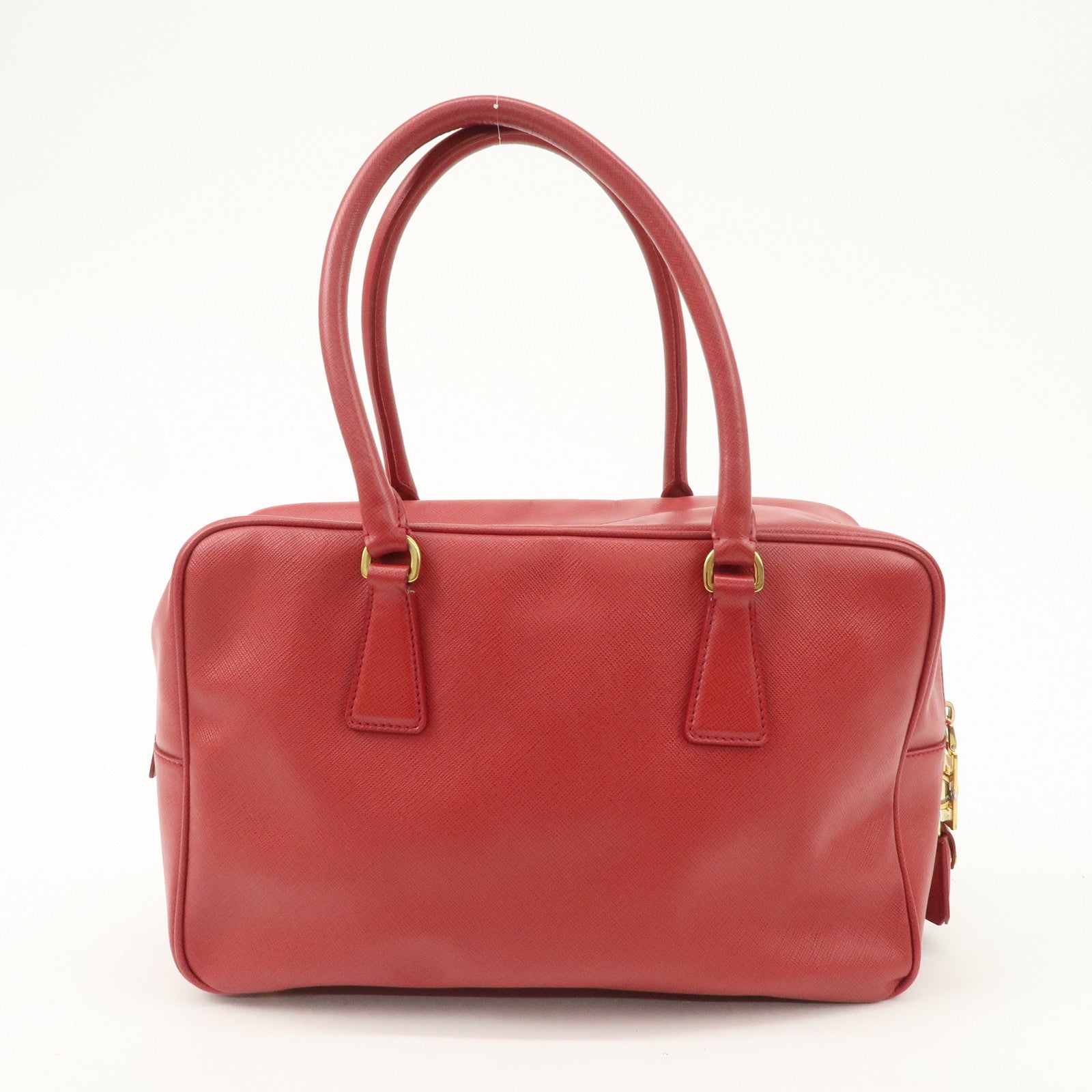 PRADA Triangle Logo Saffiano Leather Boston Bag Hand Bag Red BL0095 Used