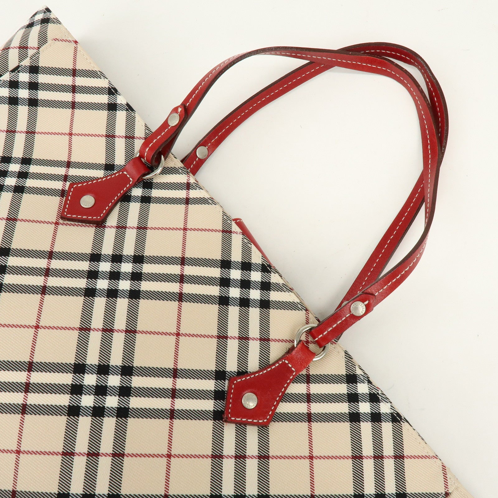 BURBERRY Blue Label Nova Plaid Nylon Leather Tote Bag Beige Red
