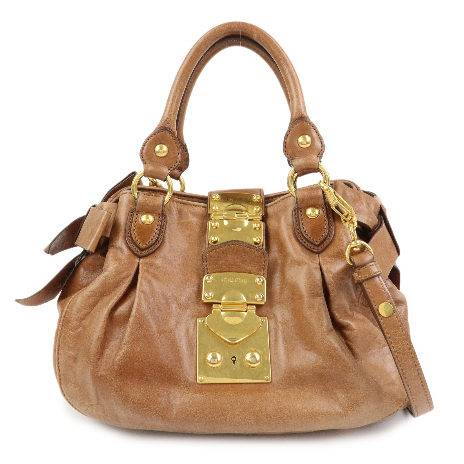 MIU MIU Side Ribbon Leather 2Way Shoulder Hand Bag Brown RN0686