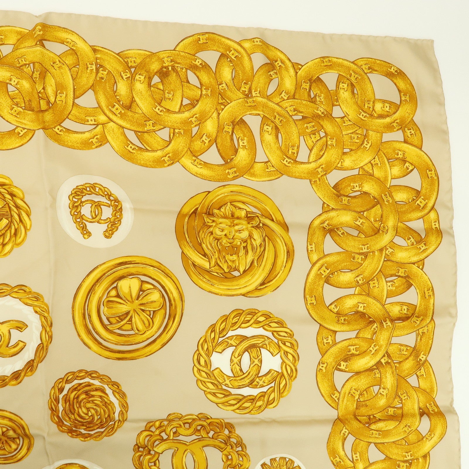 CHANEL COCO Mark Silk 100% Scarf Chain Pattern Yellow Beige
