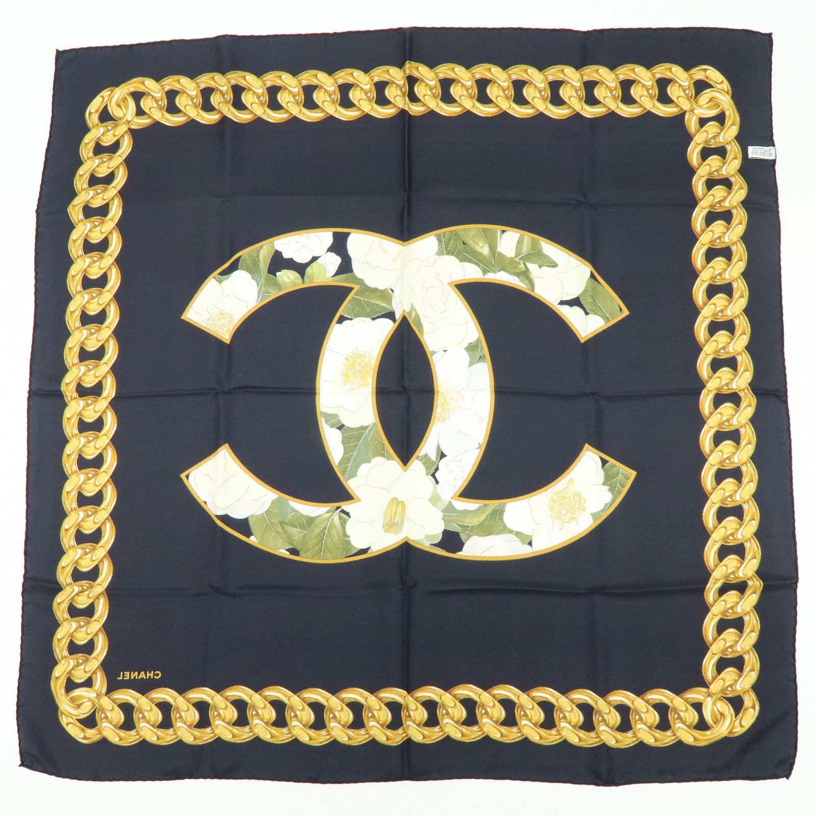 CHANEL COCO Mark Silk 100% Scarf Camellia Black Gold