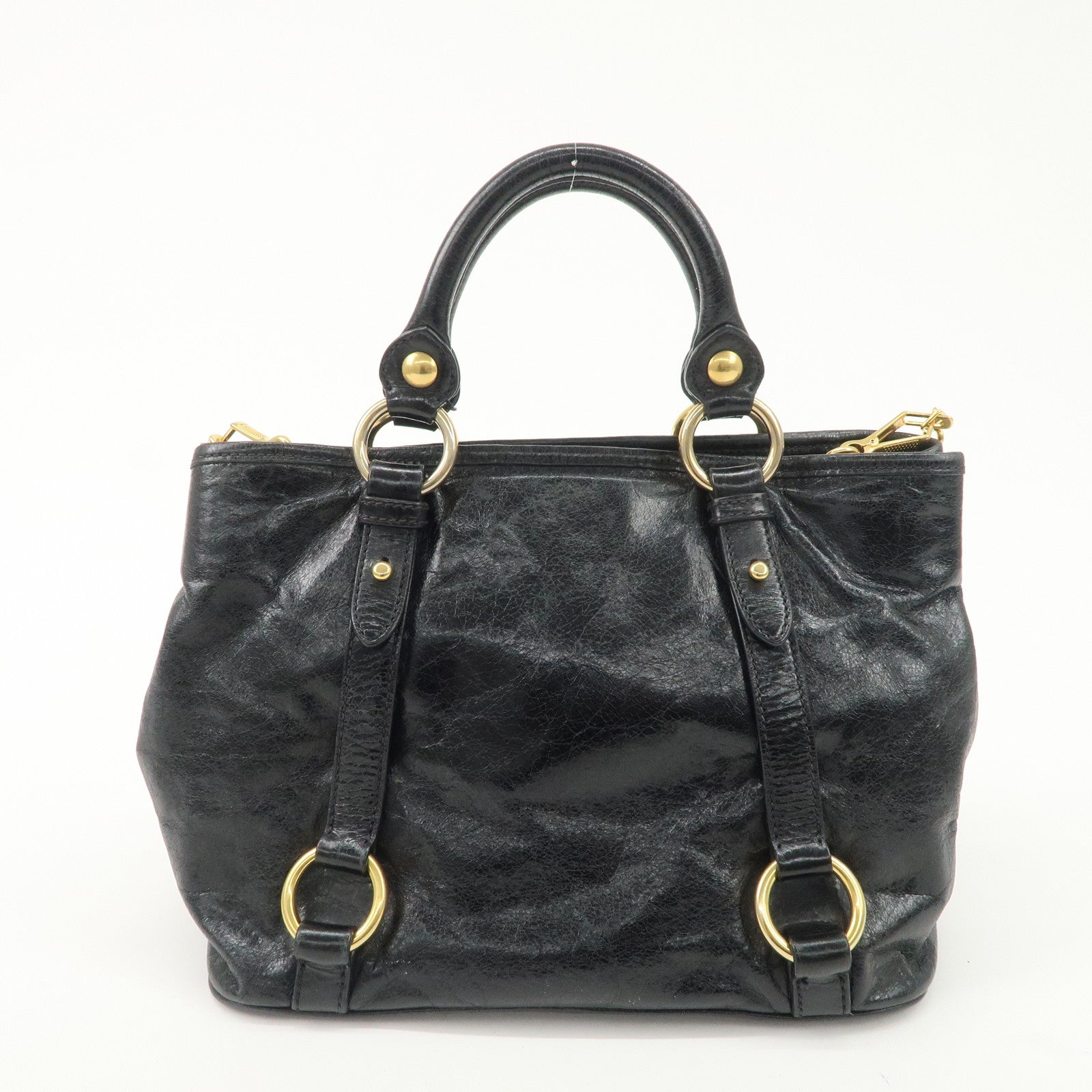 MIUMIU Logo Leather 2WAY Hand Bag Black Gold Hardware RN0685 Used