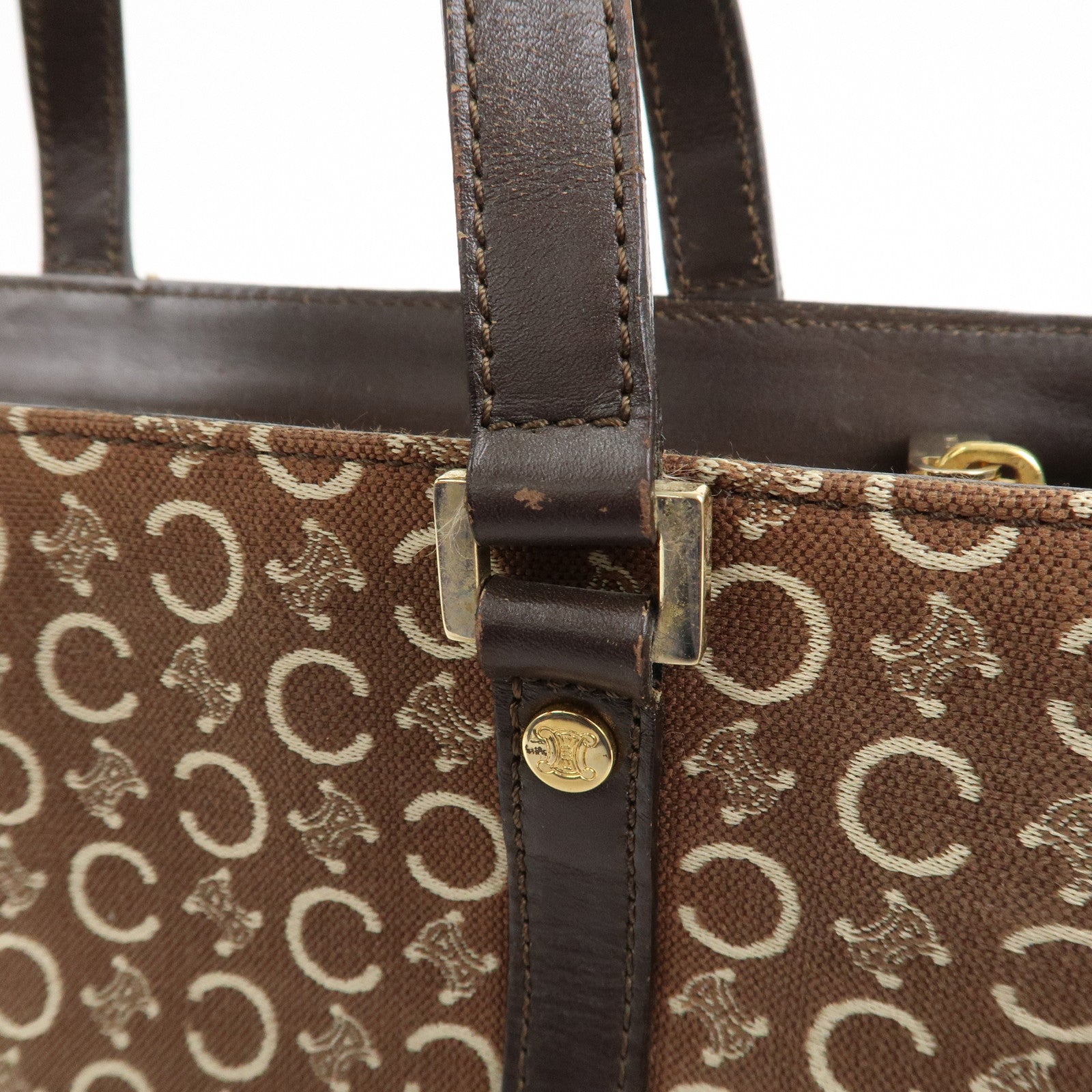CELINE C Macadam Canvas Leather Hand Bag Brown Beige