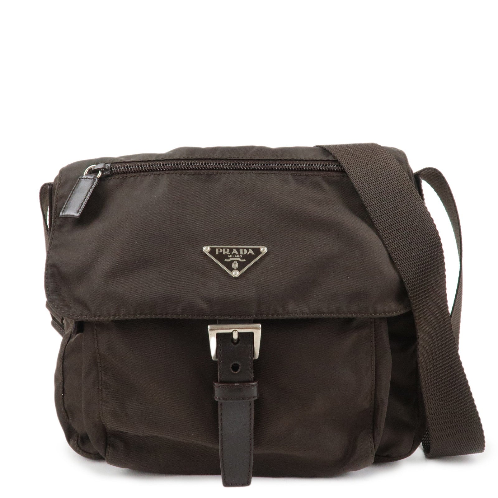 PRADA Triangle Logo Nylon Leather Shoulder Bag Crossbody Bag Brown Used
