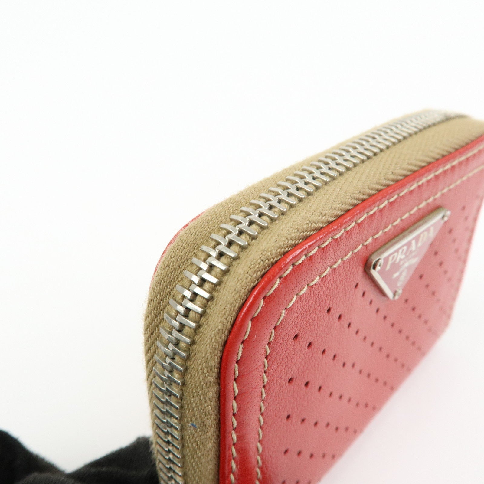 PRADA Triangle Logo Punched Leather Round Zippy Coin Case Red