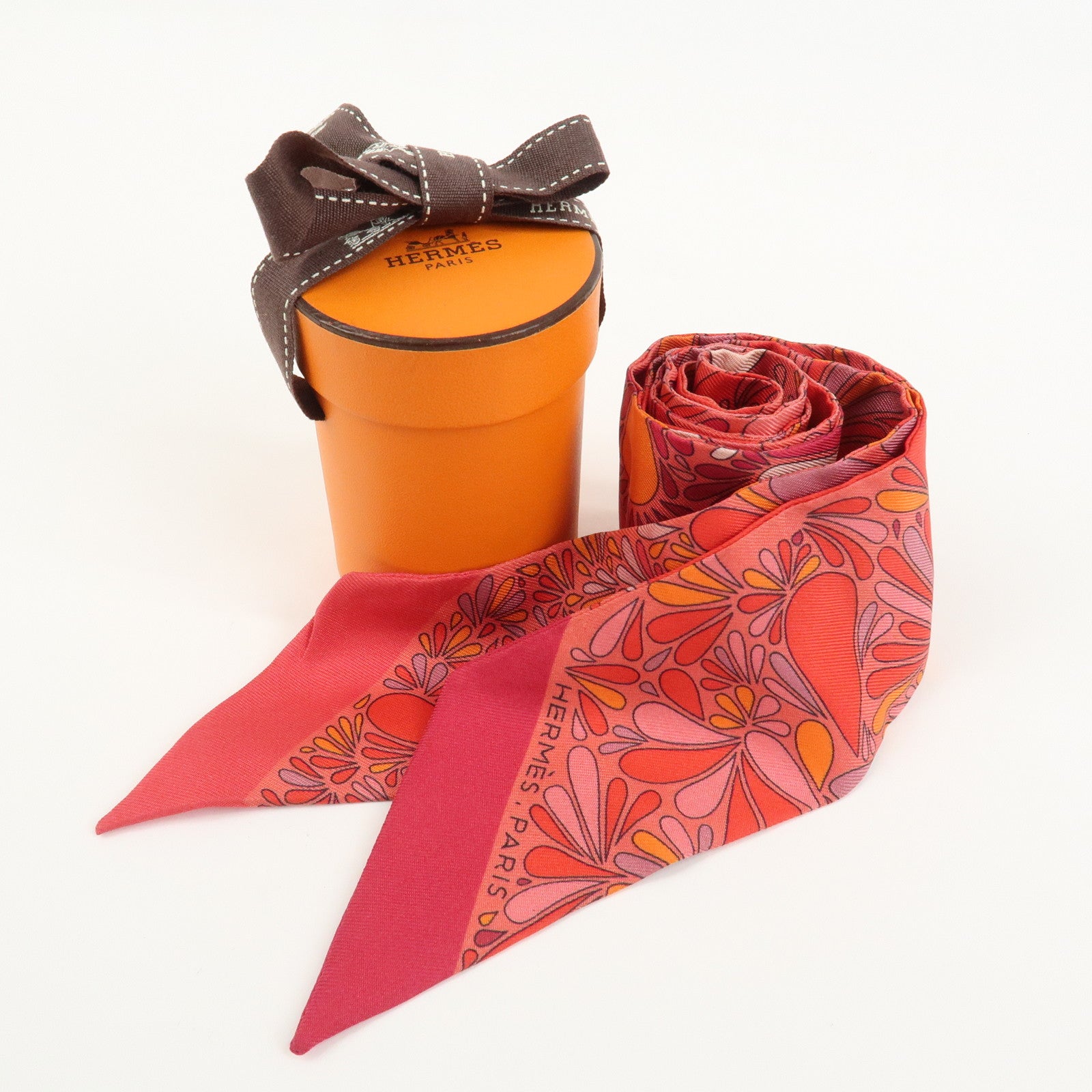 HERMES Twilly 100% Silk Scarf MILLEFLEURS DU MEXIQUE Orange