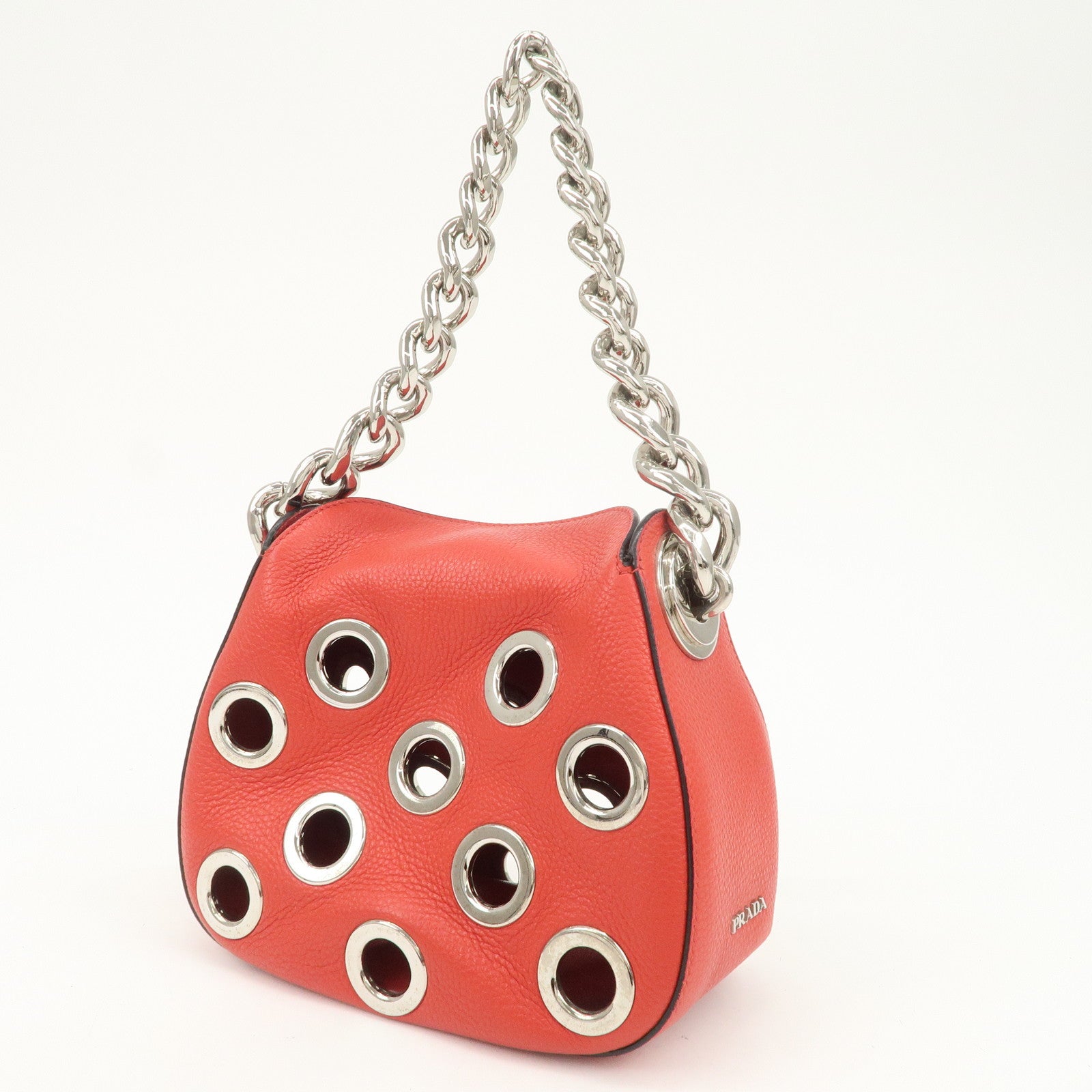 PRADA Logo Grommet Leather Chain Shoulder Bag Red Silver 1BA027