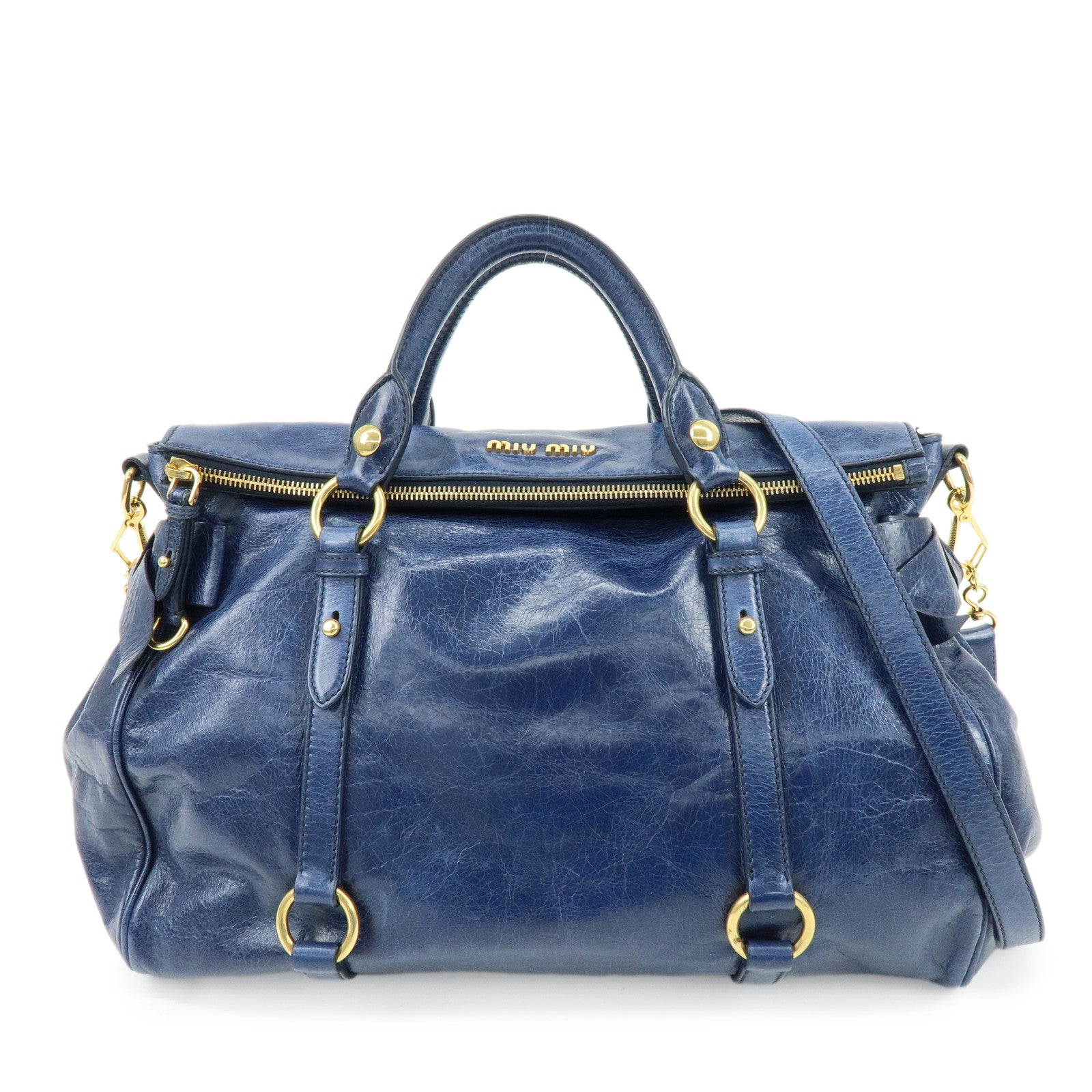 MIU MIU Side Ribbon Large Leather 2Way Bag Shoulder Bag Navy RT0365