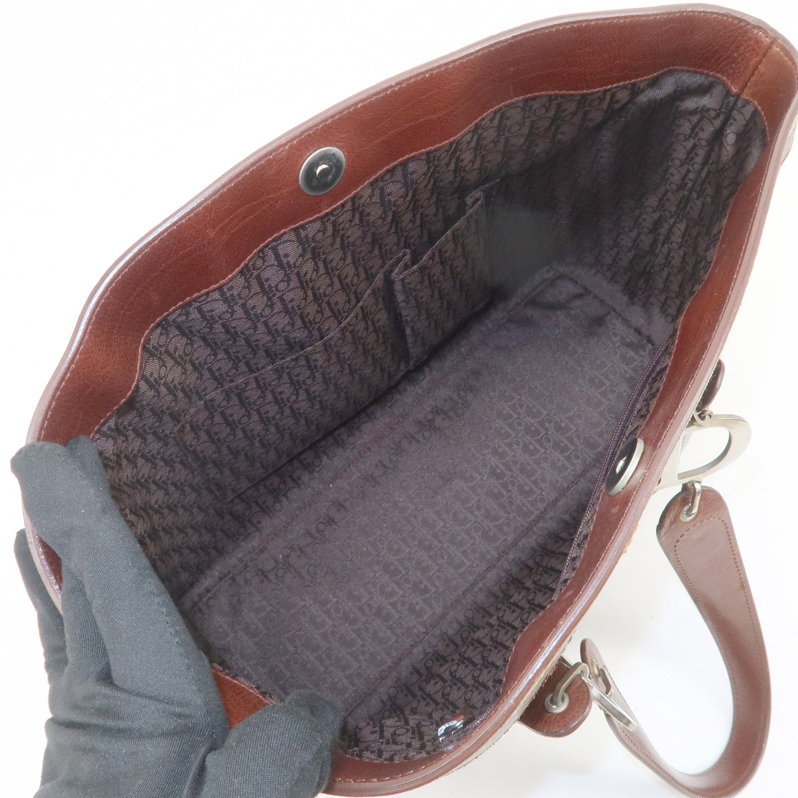 Christian Dior Leather Flower Embroidery Tote Shoulder Bag Brown