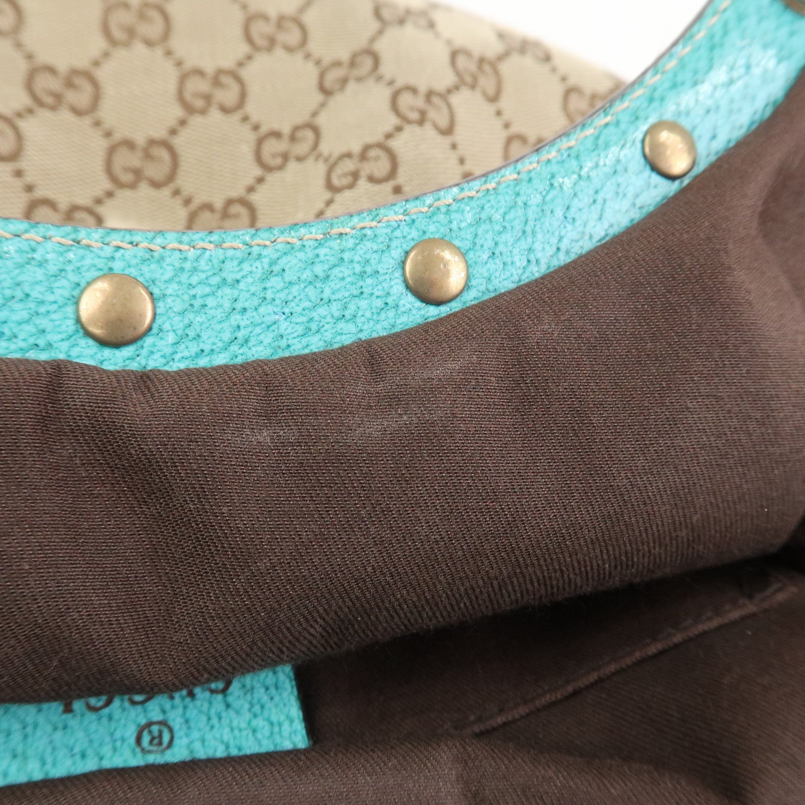 GUCCI Bamboo GG Canvas Leather Hand Bag Brown Light Blue 124297