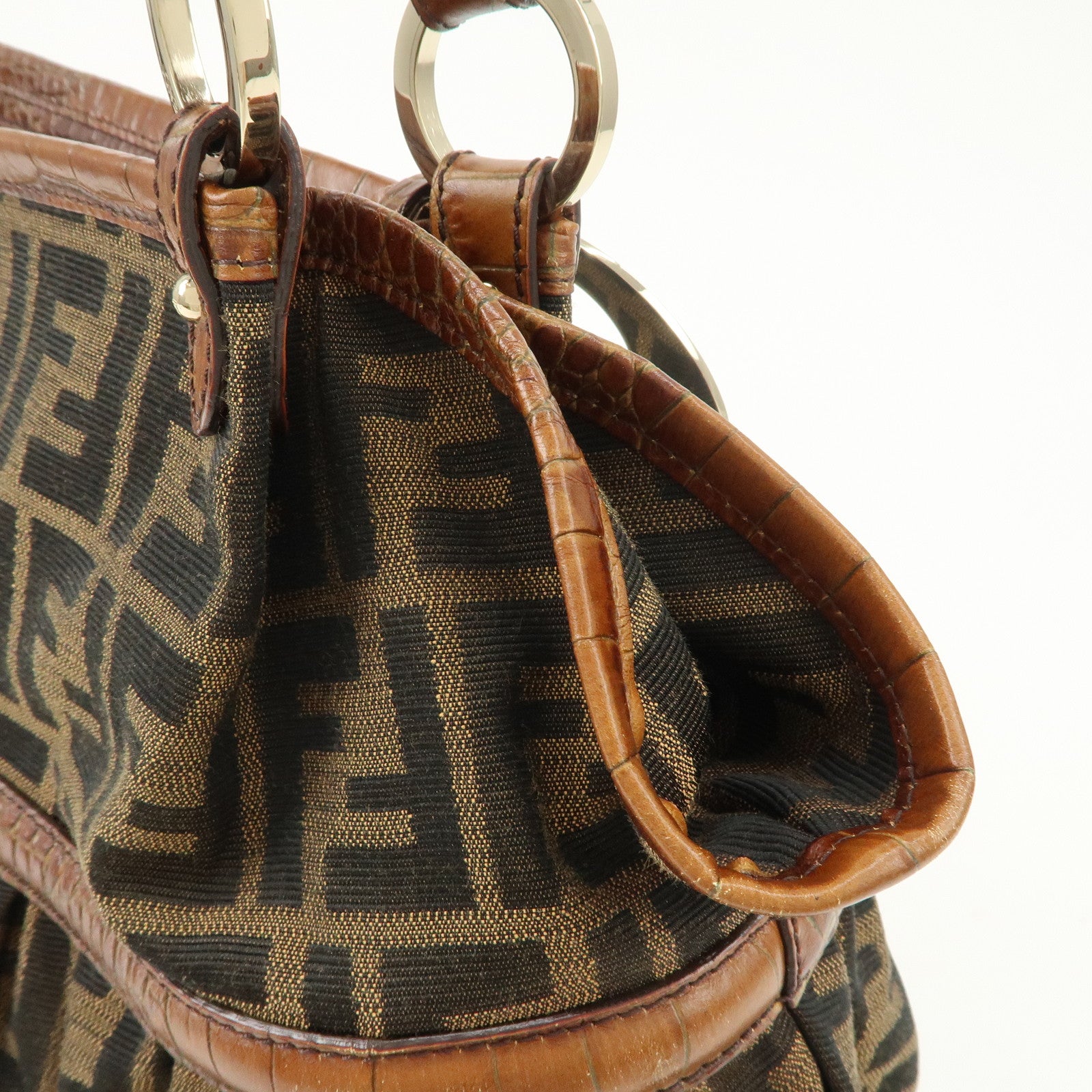 FENDI Zucca Gathered Canvas Leather Shoulder Bag Tote Bag 8BH186