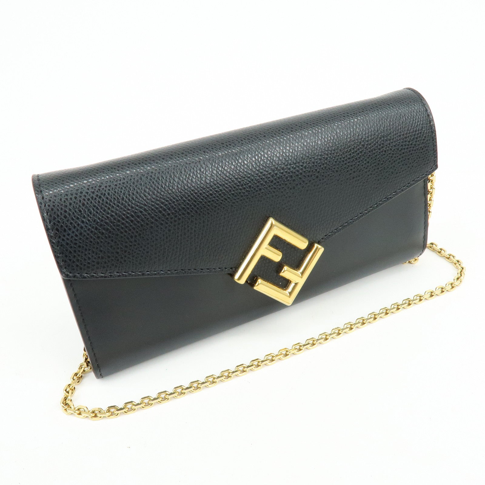 FENDI Leather Chain Wallet WOC Black 8M0365