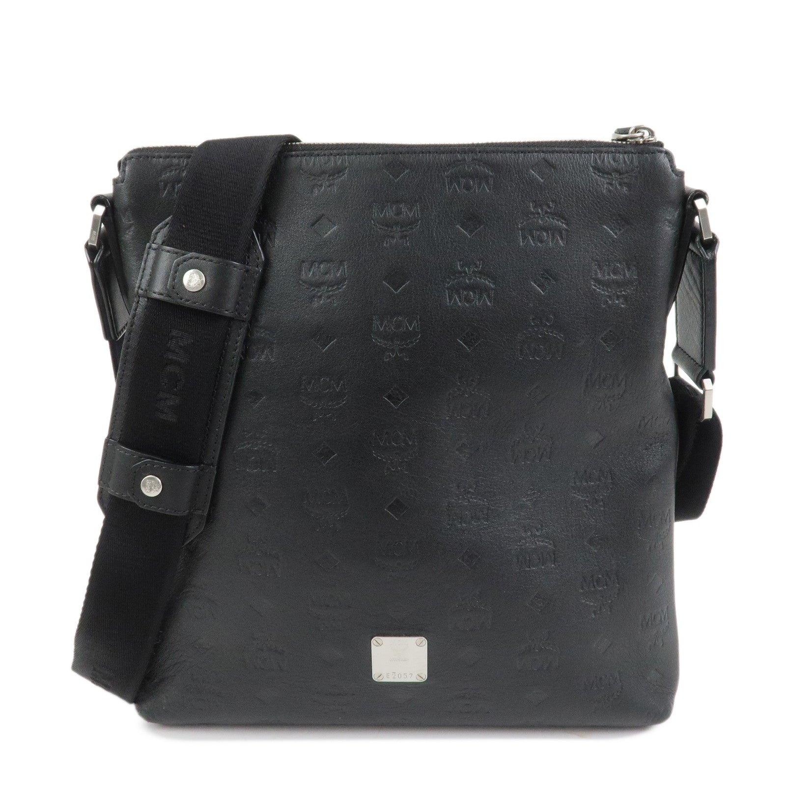 MCM Visetos Embossed Leather Shoulder Bag Crossbody Bag Black
