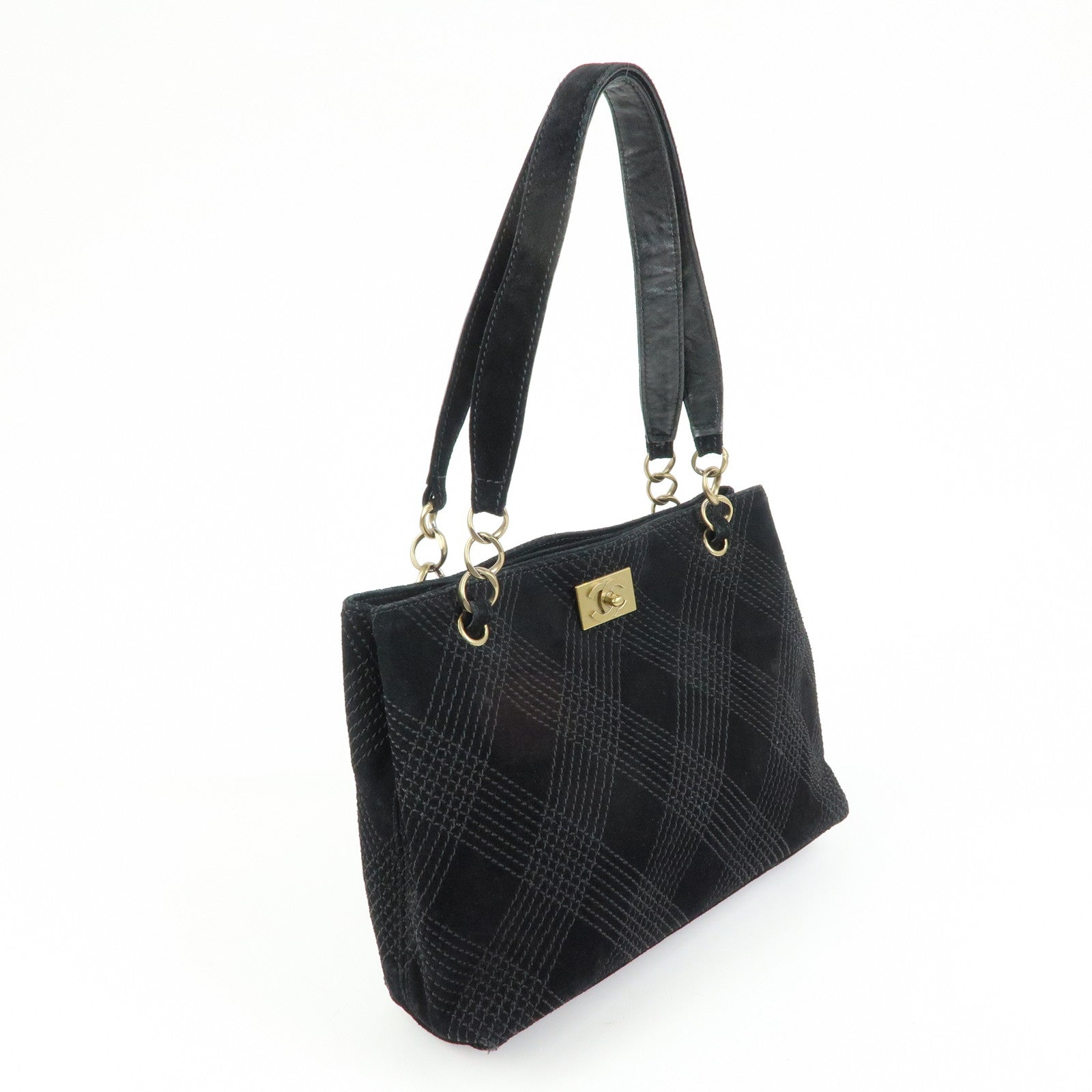 CHANEL COCO Mark Wild Stitch Suede Lamb Skin Tote Bag Black