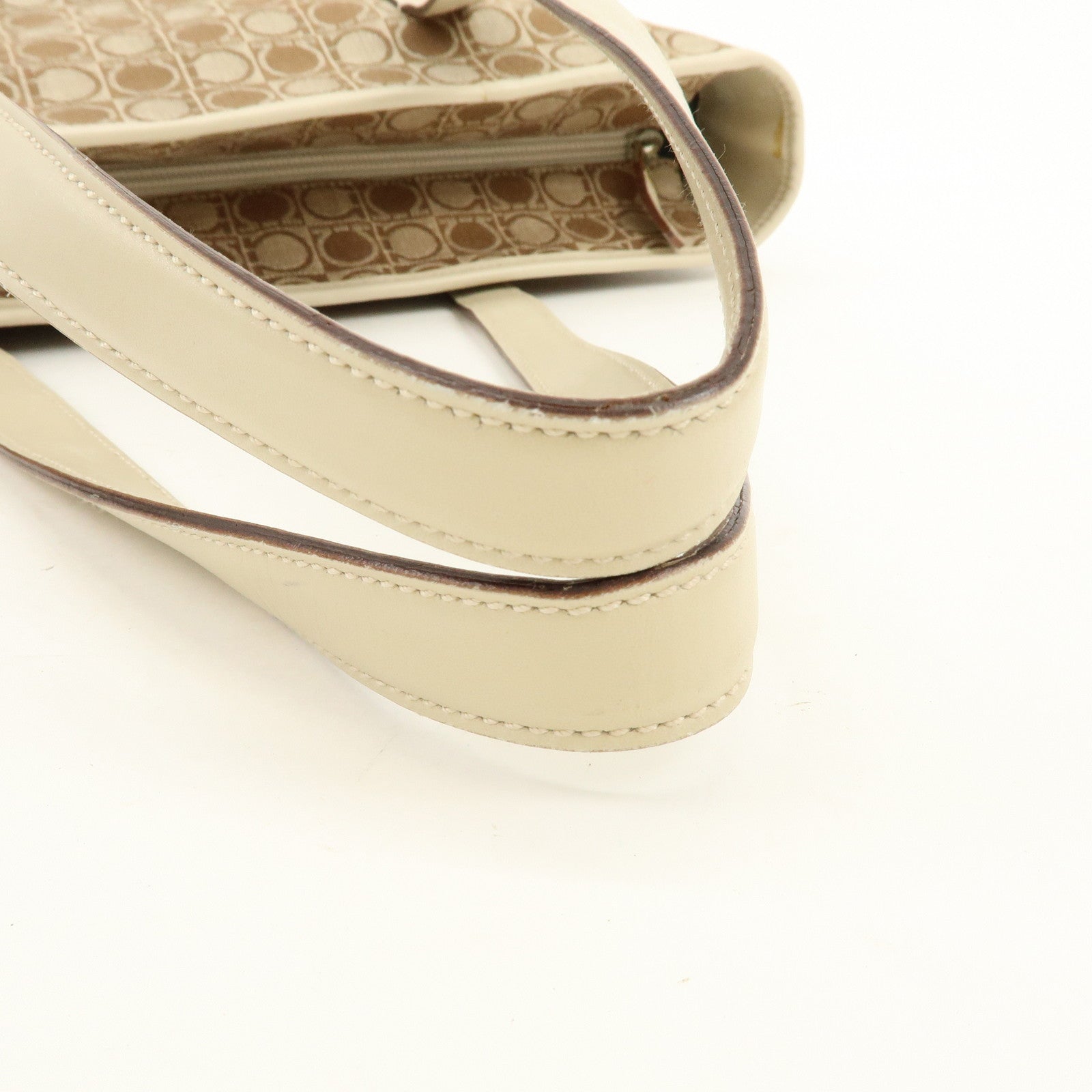 Ferragamo Gancini Canvas Leather Tote Bag Hand Bag Brown Beige