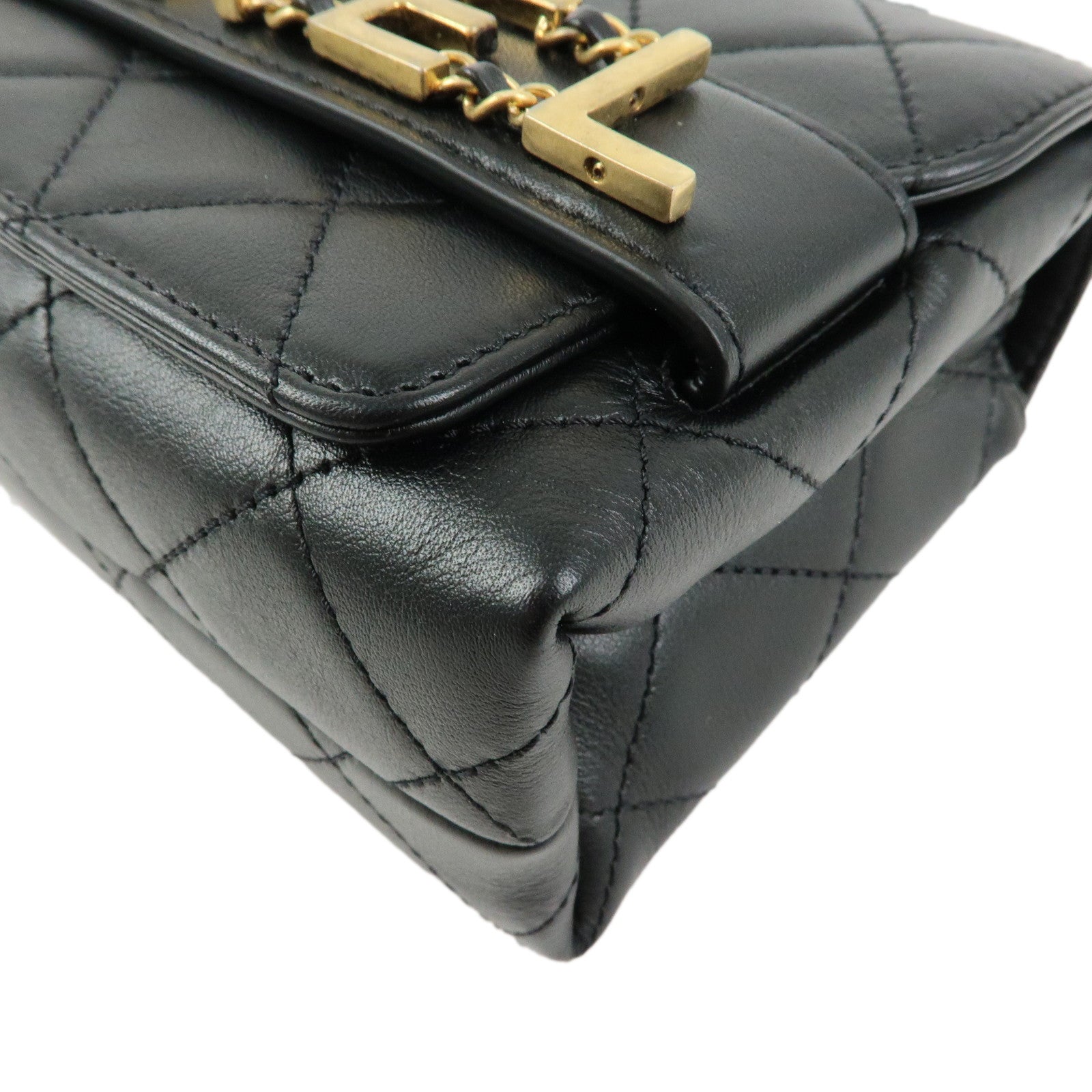 CHANEL Mini Matelasse Lamb Skin Logo Flap Chain Shoulder Bag Black