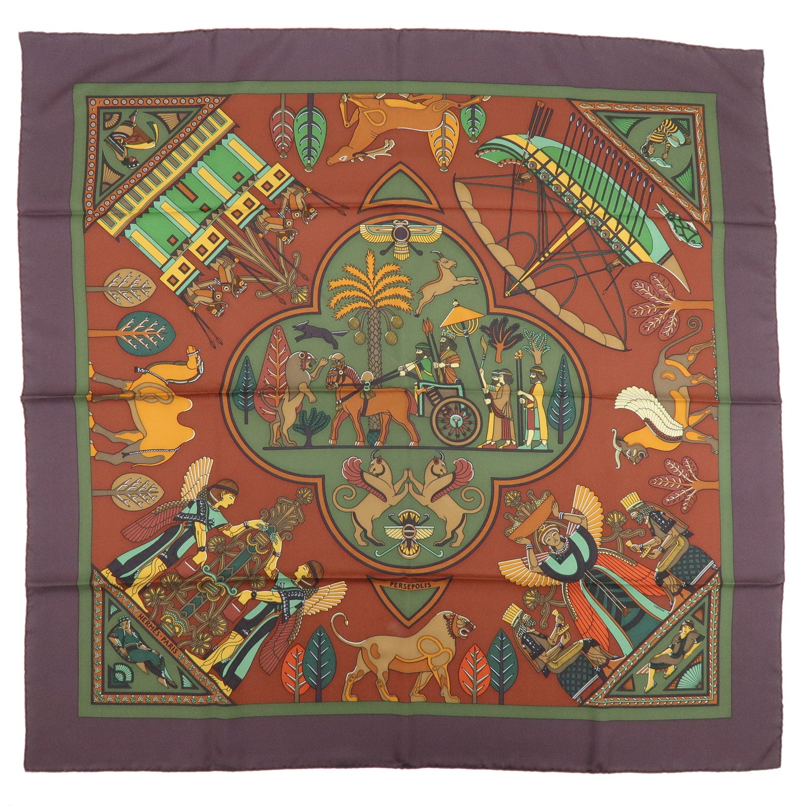 HERMES Carre 90 Silk 100% Scarf PERSEPOLIS Persian Print Brown