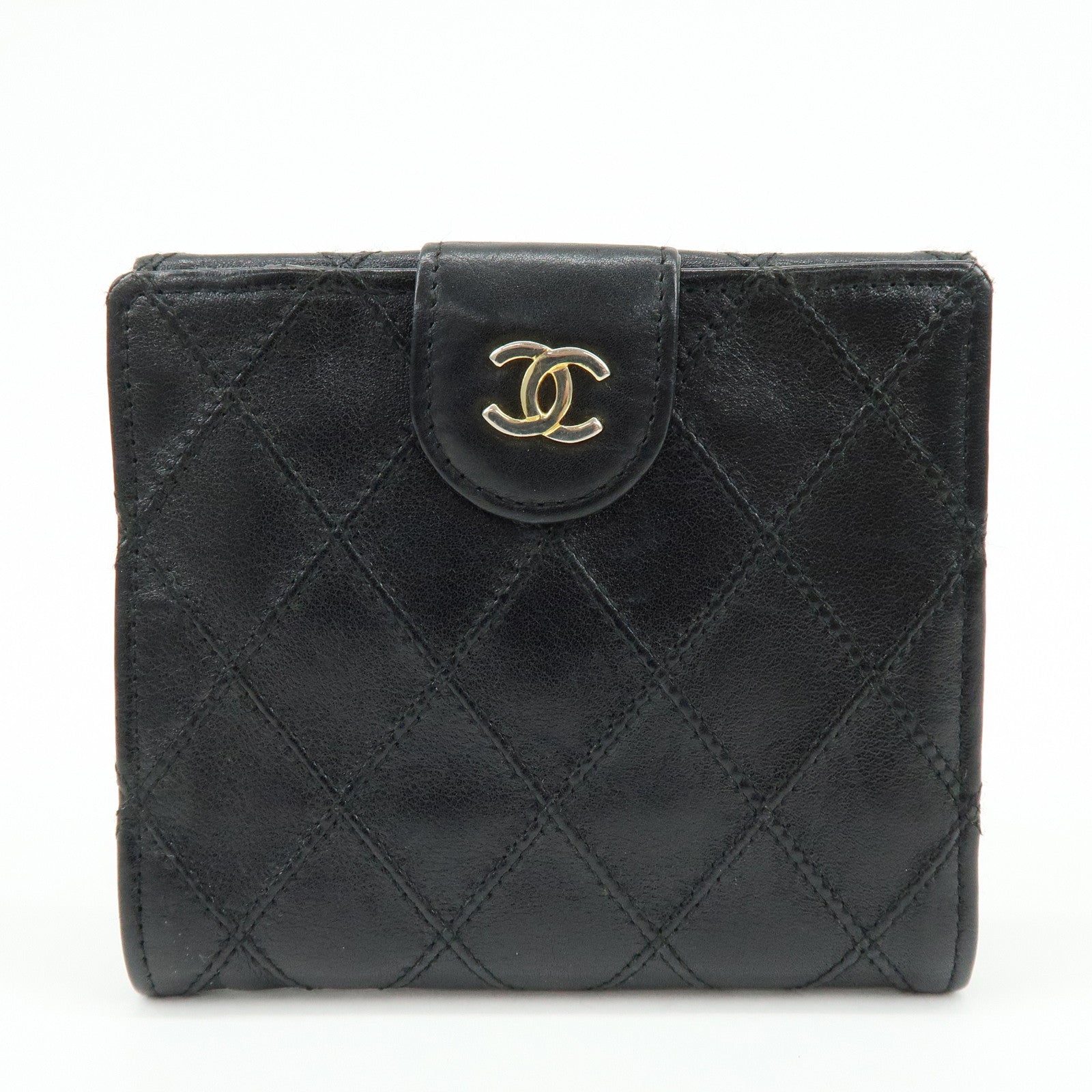CHANEL Bicolore COCO Mark Calf Leather Compact Bi-fold Wallet Black