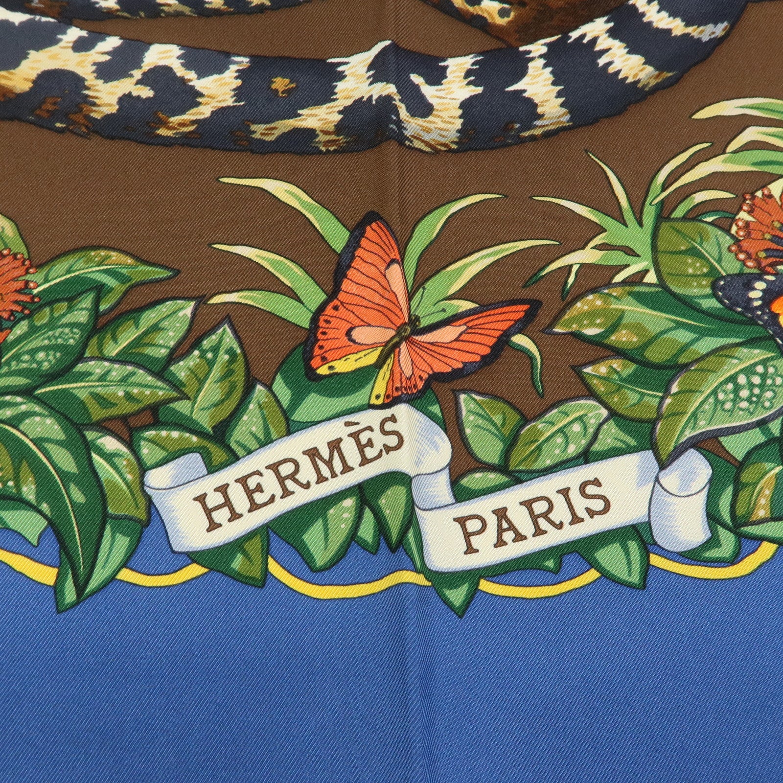 HERMES Carre 90 Silk 100% Scarf JUNGLE LOVE Navy Brown Green