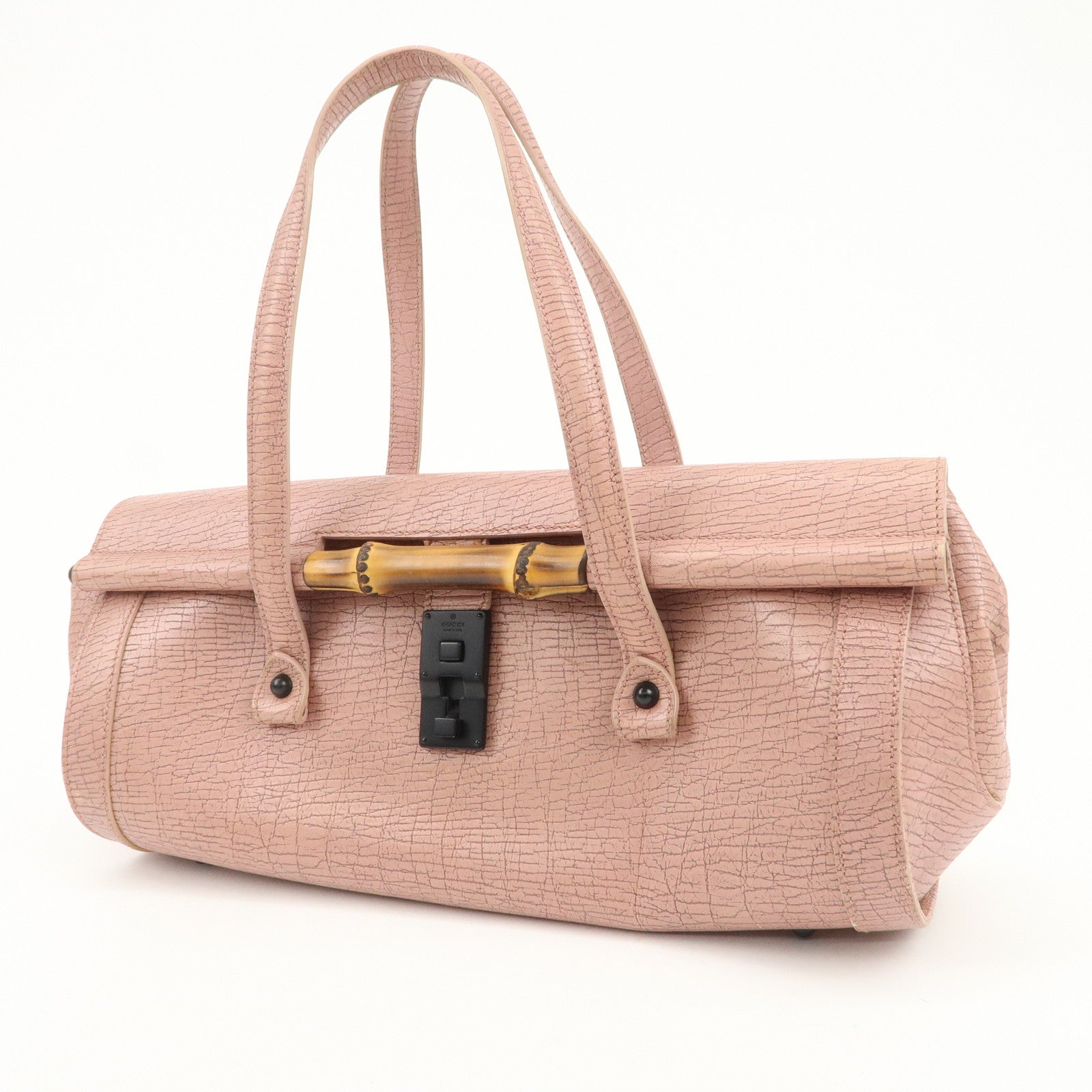 GUCCI Bamboo Embossed Leather Shoulder Bag Hand Bag Pink 111715