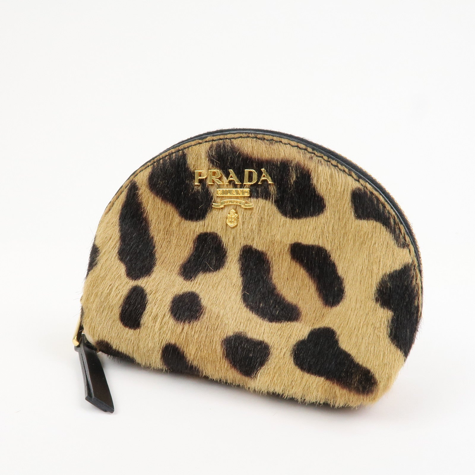 PRADA Logo Unborn Calf Coin Case Brown Animal Pattern