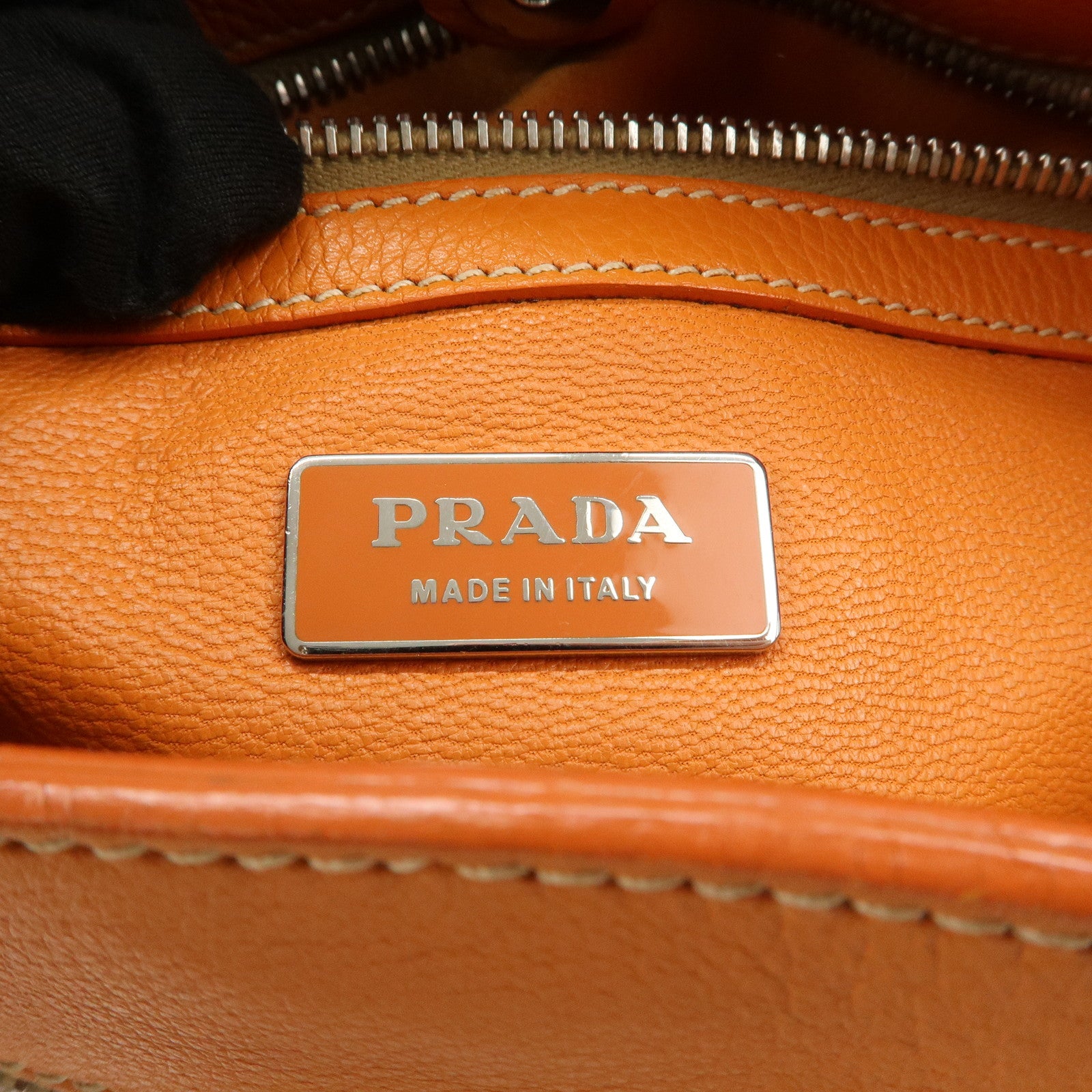 PRADA Triangle Logo Raffia Leather Shoulder Bag Beige Orange