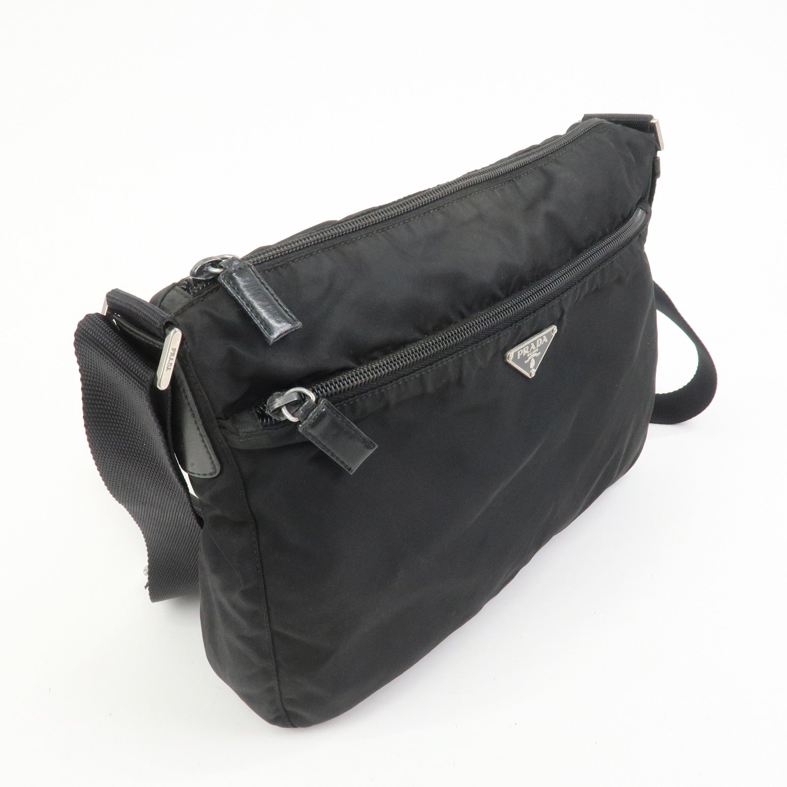 PRADA Triangle Logo Nylon Saffiano Leather Shoulder Bag Black V161