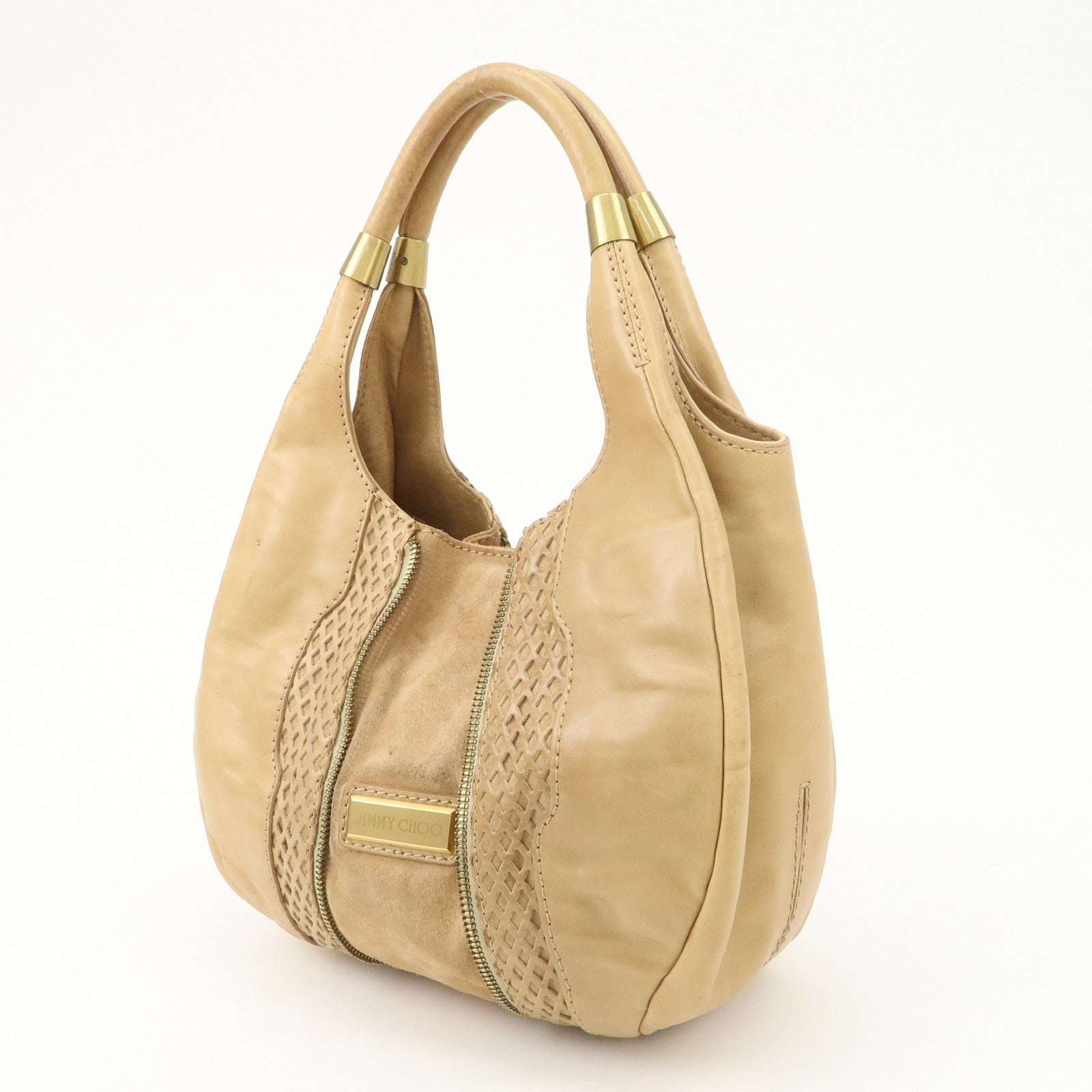 JIMMY CHOO Leather Shoulder Bag Hand Bag Beige Gold Hardware