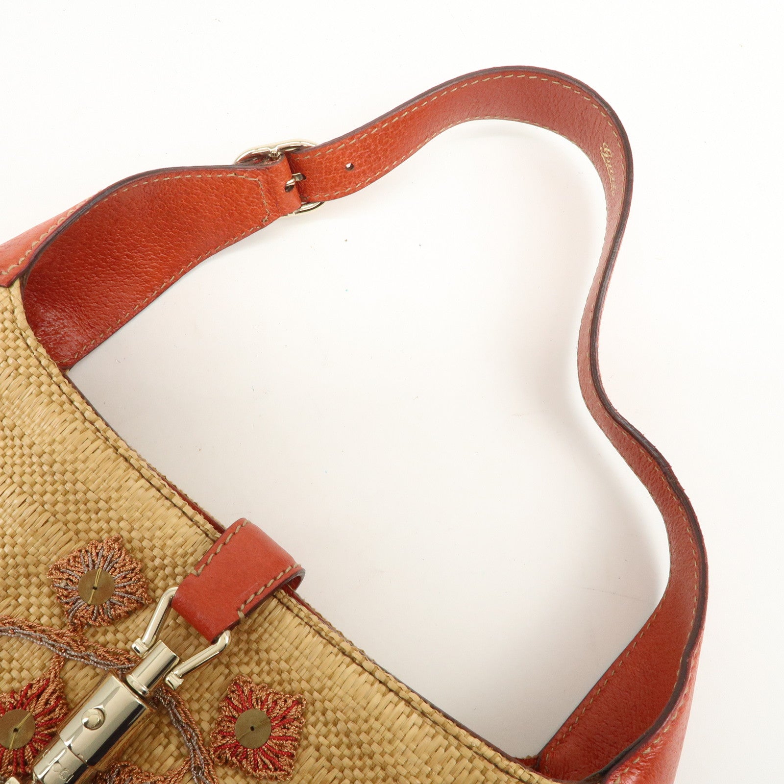 GUCCI New Jackie Raffia Leather Shoulder Bag Natural Orange 140040