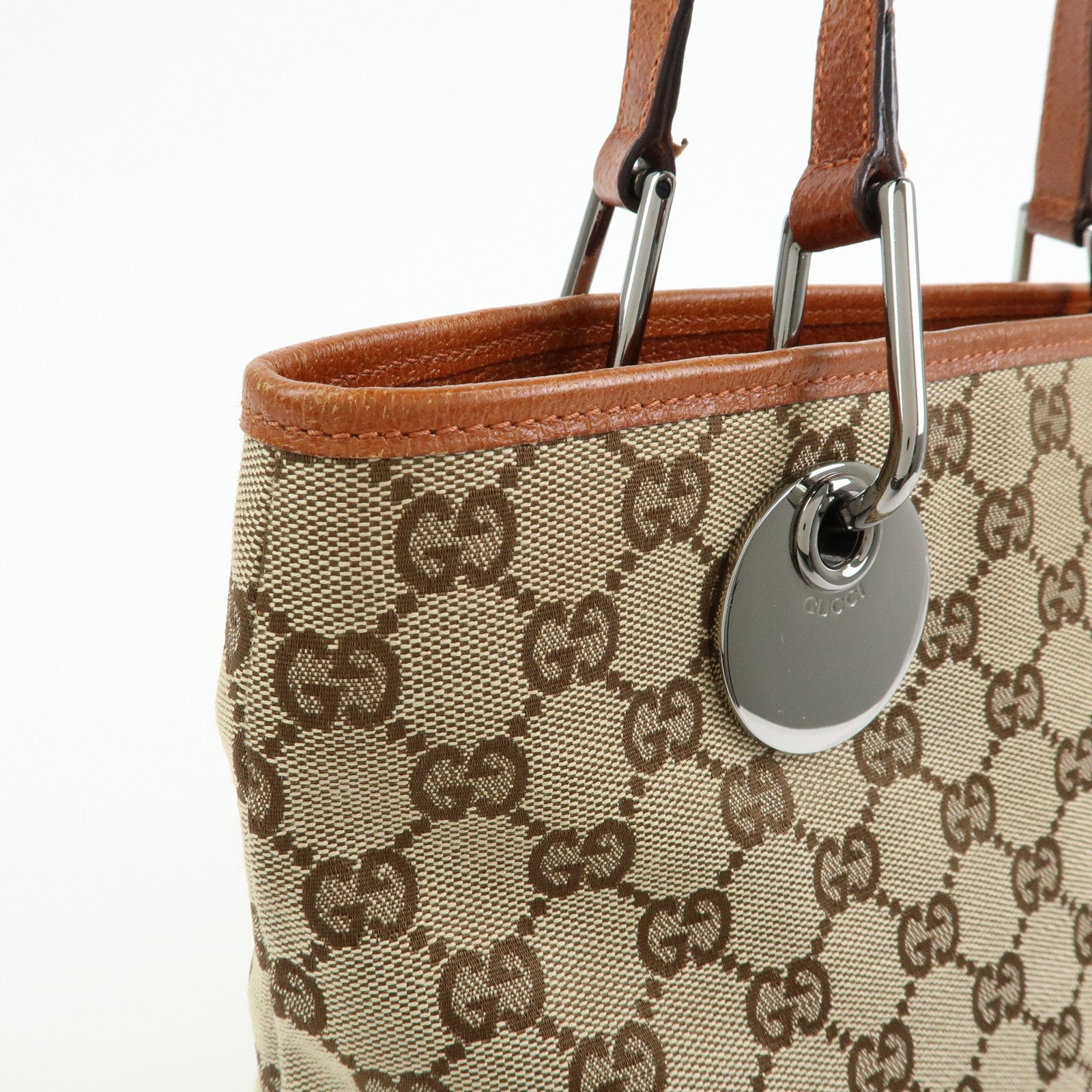 GUCCI GG Canvas Leather Tote Bag Shoulder Bag Beige Camel 120837