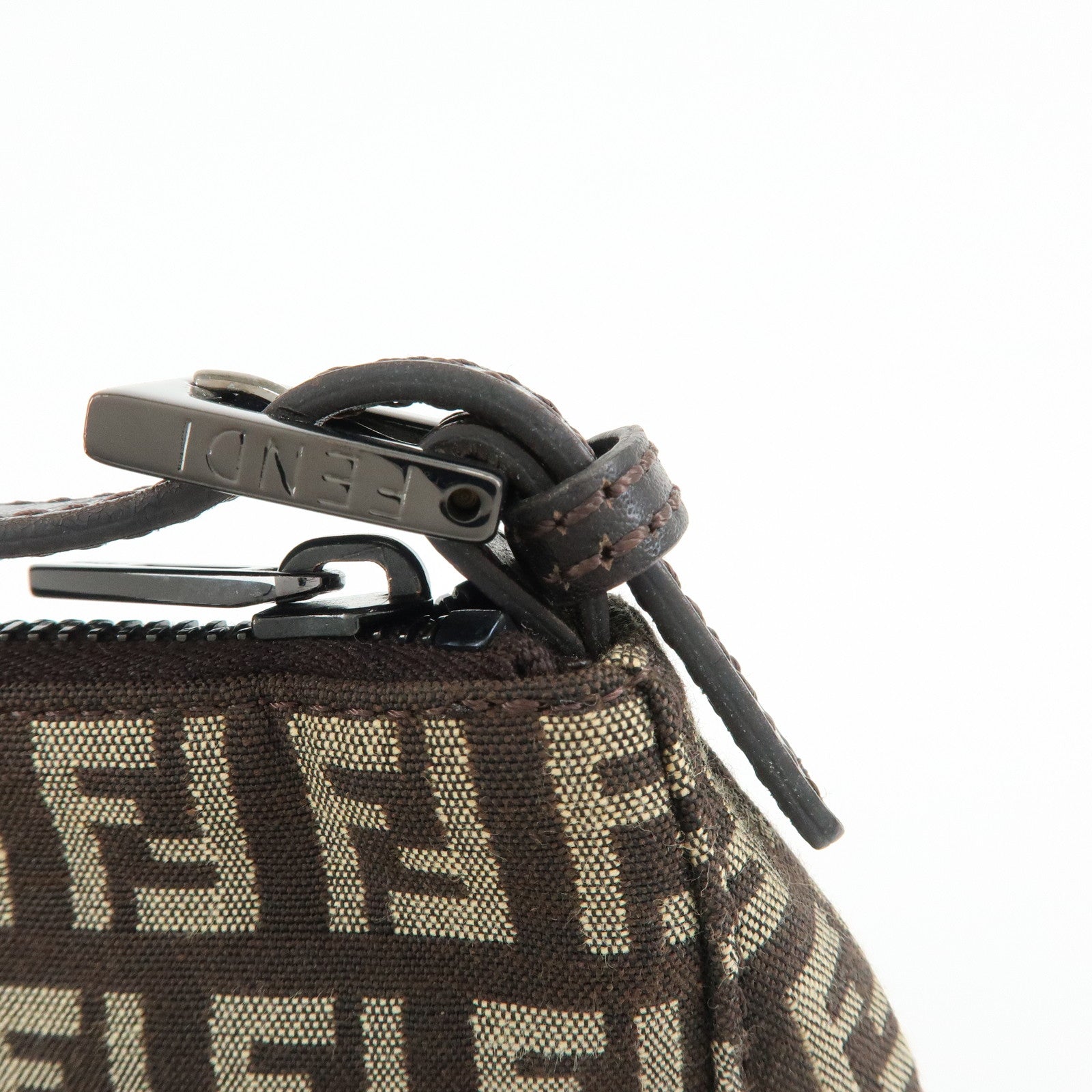FENDI Zucchino Canvas Leather Hand Bag Pouch Brown 8N0005