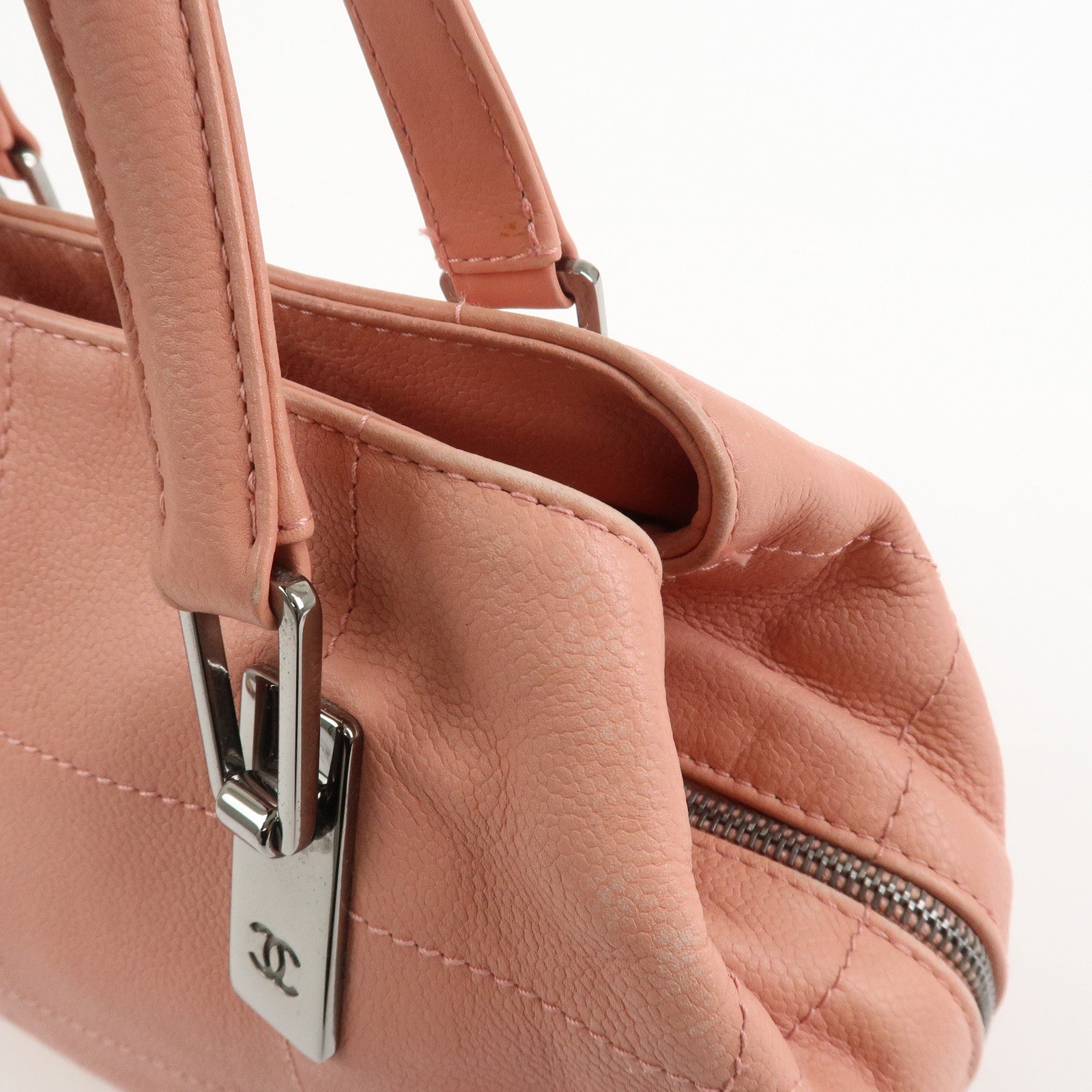 CHANEL Chocolate Bar Calf Leather Boston Bag Hand Bag Pink